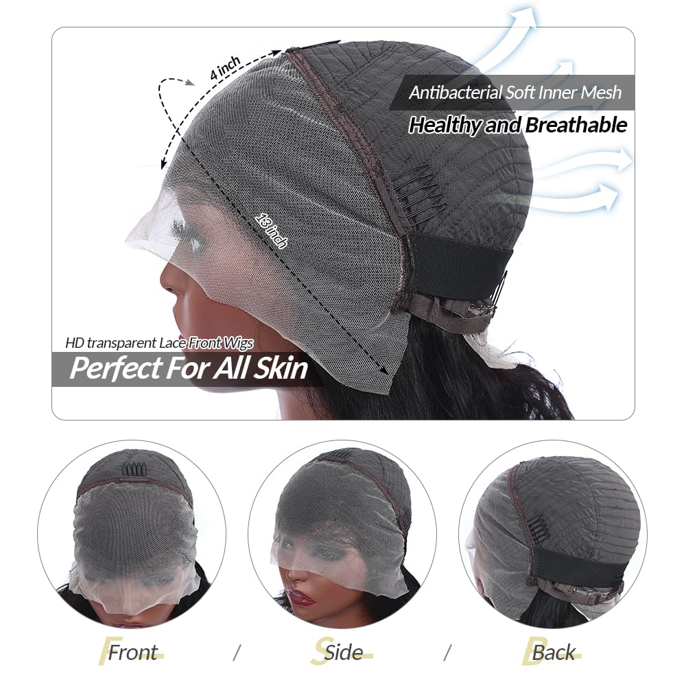 13x4 HD Lace Front Wigs Human Hair 16 Inch Glueless Human Hair Pre Plucked 180 Density Short Body Wave Lace Frontal Wigs Human Hair for Black Women Supre Soft Natural Black Color