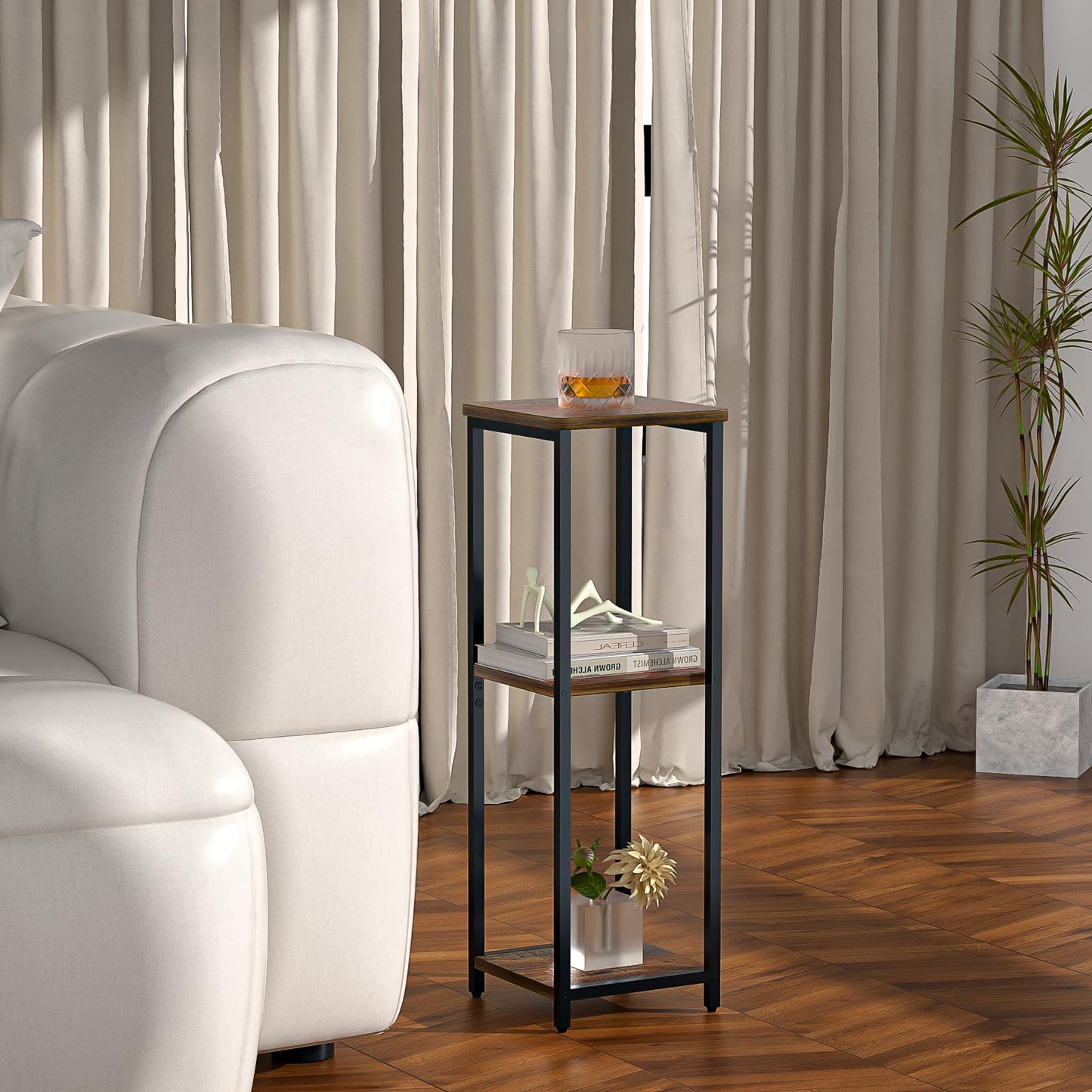 GHIMIGN 10" Wide Square Drink Table with Adjustable Feet - 3-Tier Small Side Table for Apartments, Balcony & Office | Space-Saving, Lightweight & Multi-Functional (Plants, Books, Drinks, Brown)