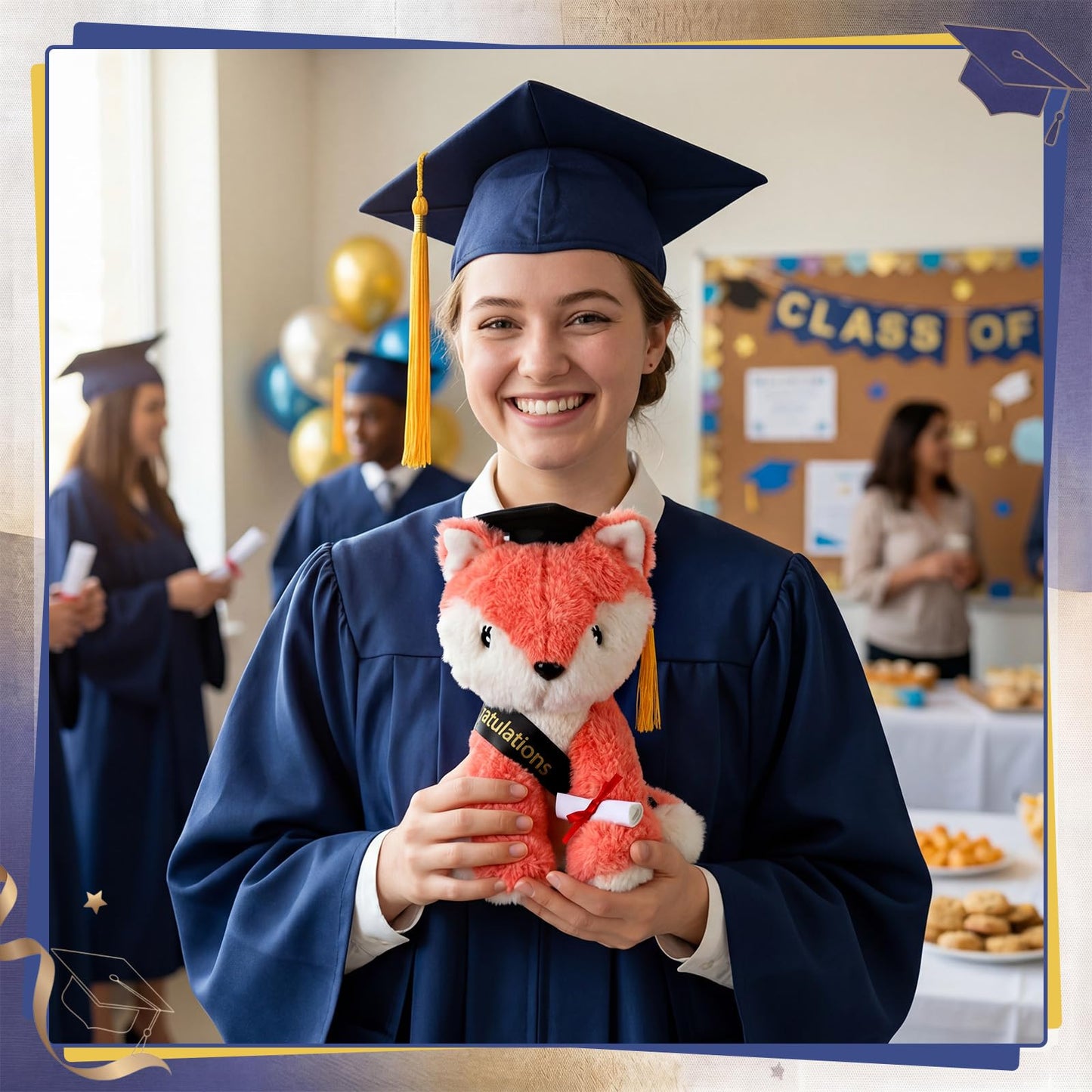 Hungdao Graduation Fox Plush Toy Gifts Set 8.6" Fox Stuffed Animal with Black Cap, Sash, Greeting Card and Artificial Rose for 2026 High School College Kindergarten Graduation Party Gifts
