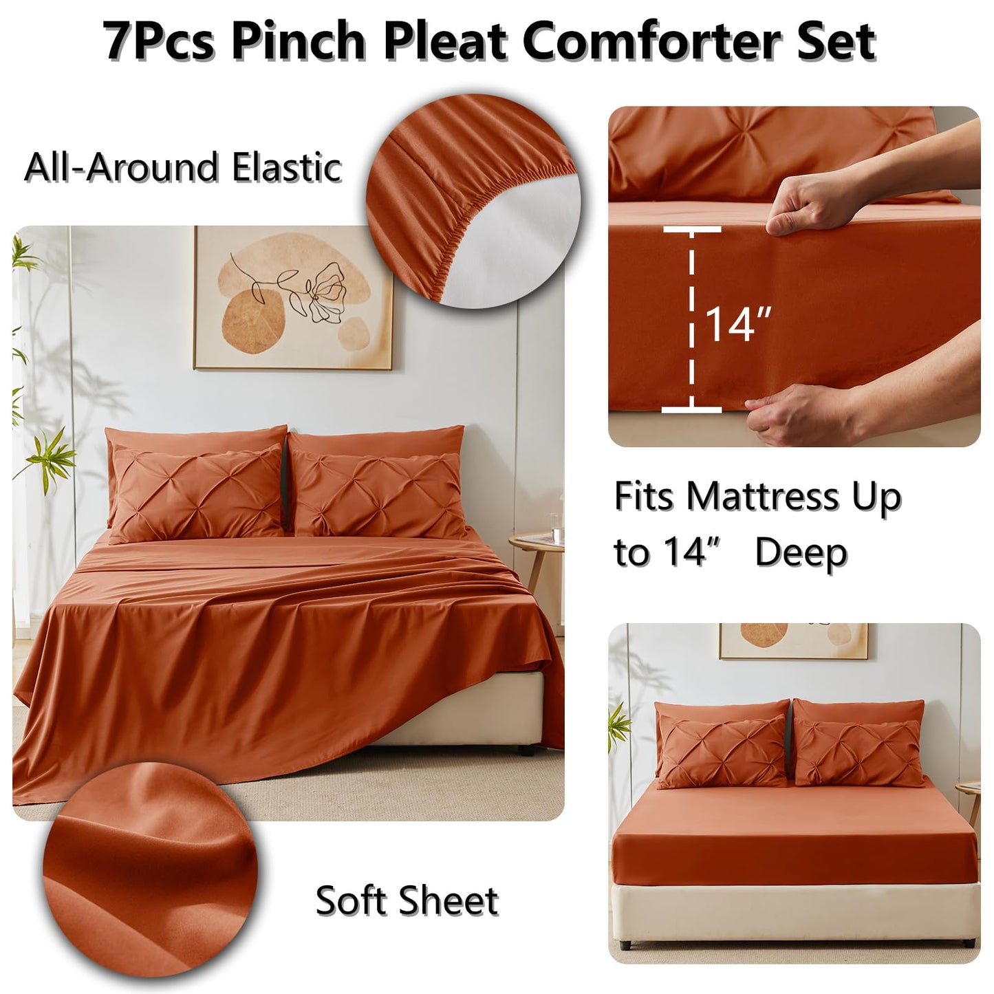 HIMEET Queen Comforter Set Burnt Orange - 7 Pieces Pintuck Bed in a Bag, Pinch Pleat Modern Room Decor, All-Season Soft Bedding Gift with Comforter, Sheets, Pillowcases & Shams