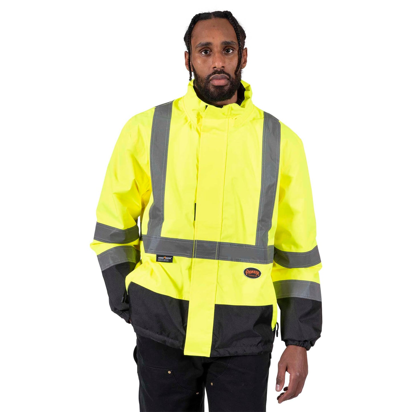 Pioneer Hi Vis 2-in-1 Safety Rain Jacket for Men & Women - Reverses to Black Puffer - Reflective Waterproof Gear - Class 3