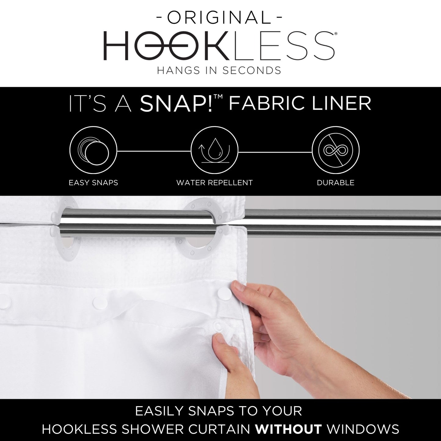 Hookless It's A Snap! Faux Silk Shower Curtain, 3-in-1 Curtain Includes Fabric Shower Curtain with Flex-On Rings & Fabric Liner with Magnets, 71" x 74", Stripe Print, Gray