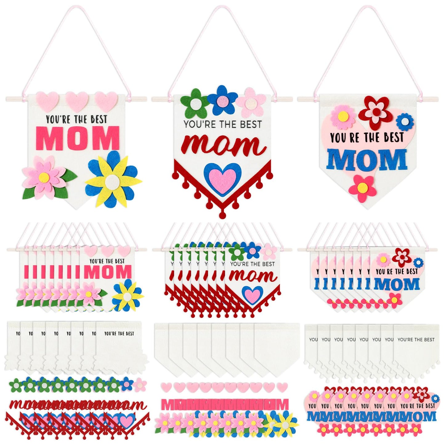 Mindsoft 24 Set Mini Mother's Day Banner Craft Kit 3 Designs Mother's Day Banner Mothers Day Crafts for Kids Classroom Holiday Mom Gift for Kids DIY Home School Crafts Outdoor Yard Door Decorations