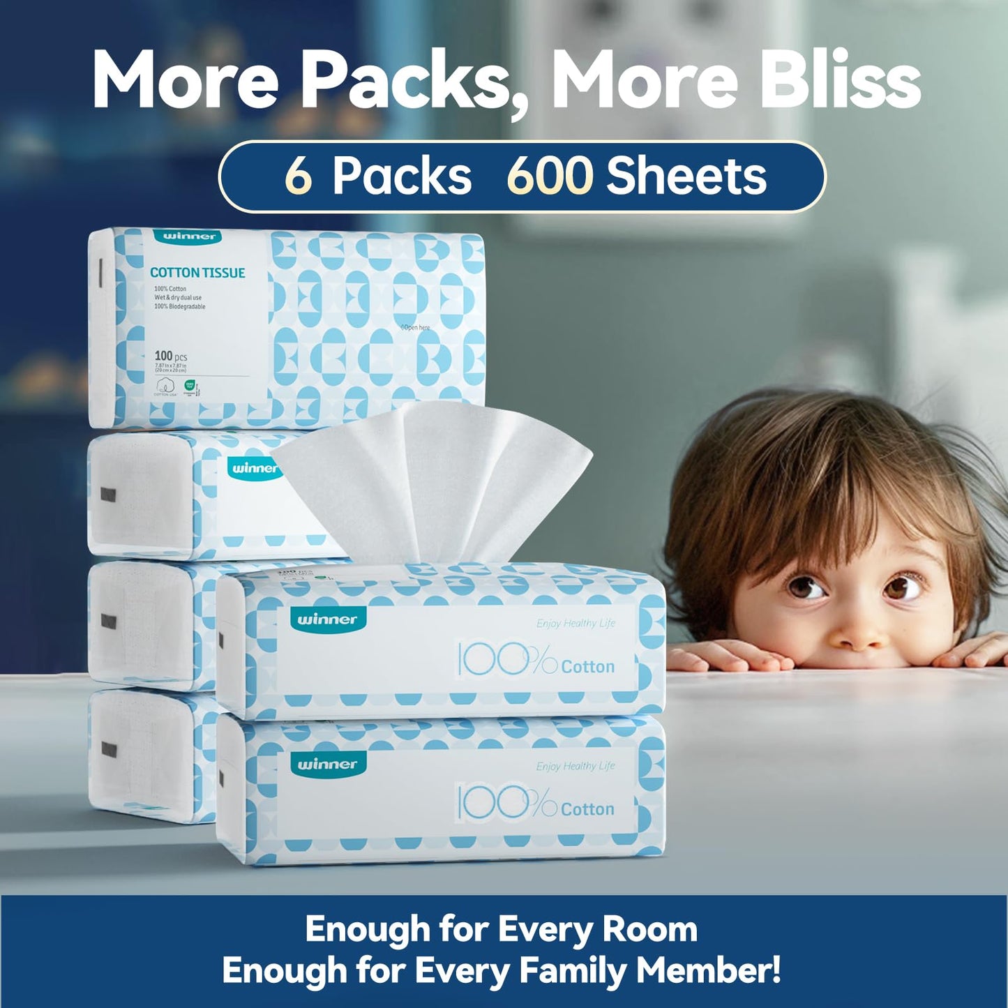 Winner Soft Face Towels - 100% USA Cotton Dry Wipes, 600 Count Unscented Cotton Tissues for Sensitive Skin, OEKO-TEX Certified Face Towelettes Disposable, Makeup Remover Facial Towels, 6 Pack