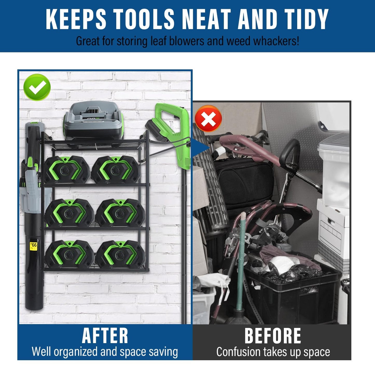 JAYOBGO Power Tool Organizer Wall Mount - Lawn Weed Eater Rack Hanger Power Tool Heavy Duty Holder for Ego Leaf Blower and Weed Eater, 2-in-1, Only Shelf