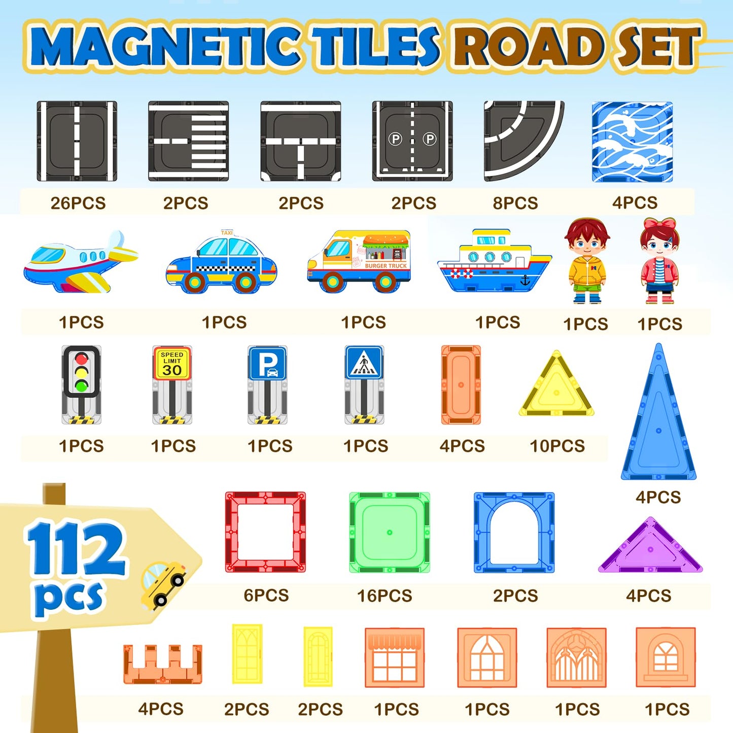 112 PCS Magnetic Tiles Road Set, STEM Magnetic Building Blocks for Toddler Kid Toys, City Construction Toys for 3+ Year Old Boys & Girls, Creative Kids Toys Gifts