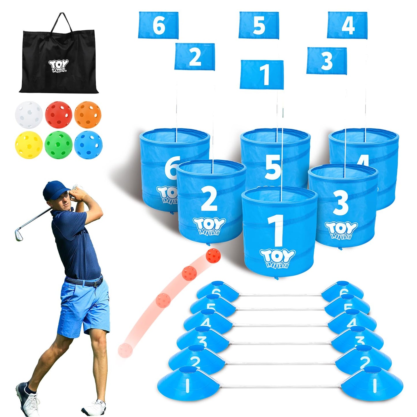 TOY Life Golf Game Set, 6 Holes Backyard Golf Bucket Game for Adults Kids, Practice Golf Course with Balls and Flag, Outdoor Indoor Golf Yard Game for Beach, Camping and Lawn