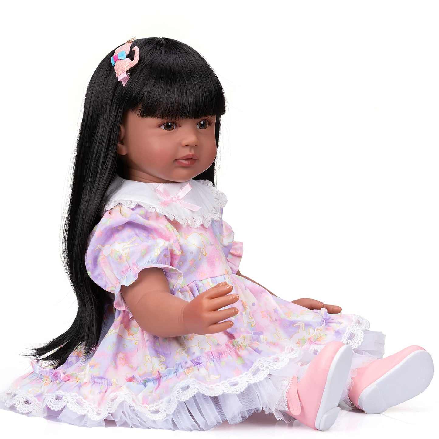 KOKOMANDY Lifelike African American Reborn Baby Dolls Black Girl 24 inches Toddler Doll Handamde Realistic Silicone Reborn Doll Weighted Body with Long Black Hair Toys for Kids