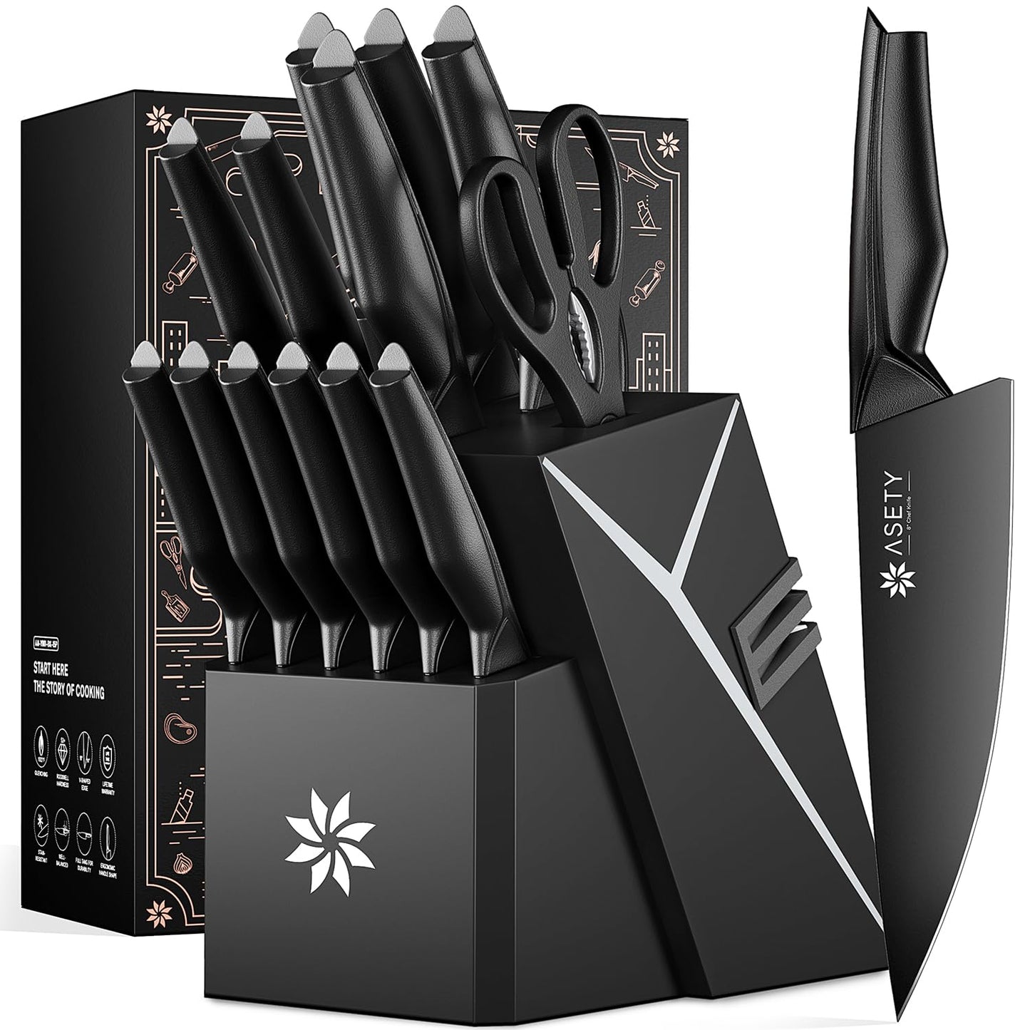 Kitchen Knife Sets with Block -15 PCS Knife Set with Bulti-in Sharpener, Dishwasher Safe, Stainless Steel Kitchen Knife with Ergonomic Handles, Sharp knives for Men and Women,Fathers day, Black