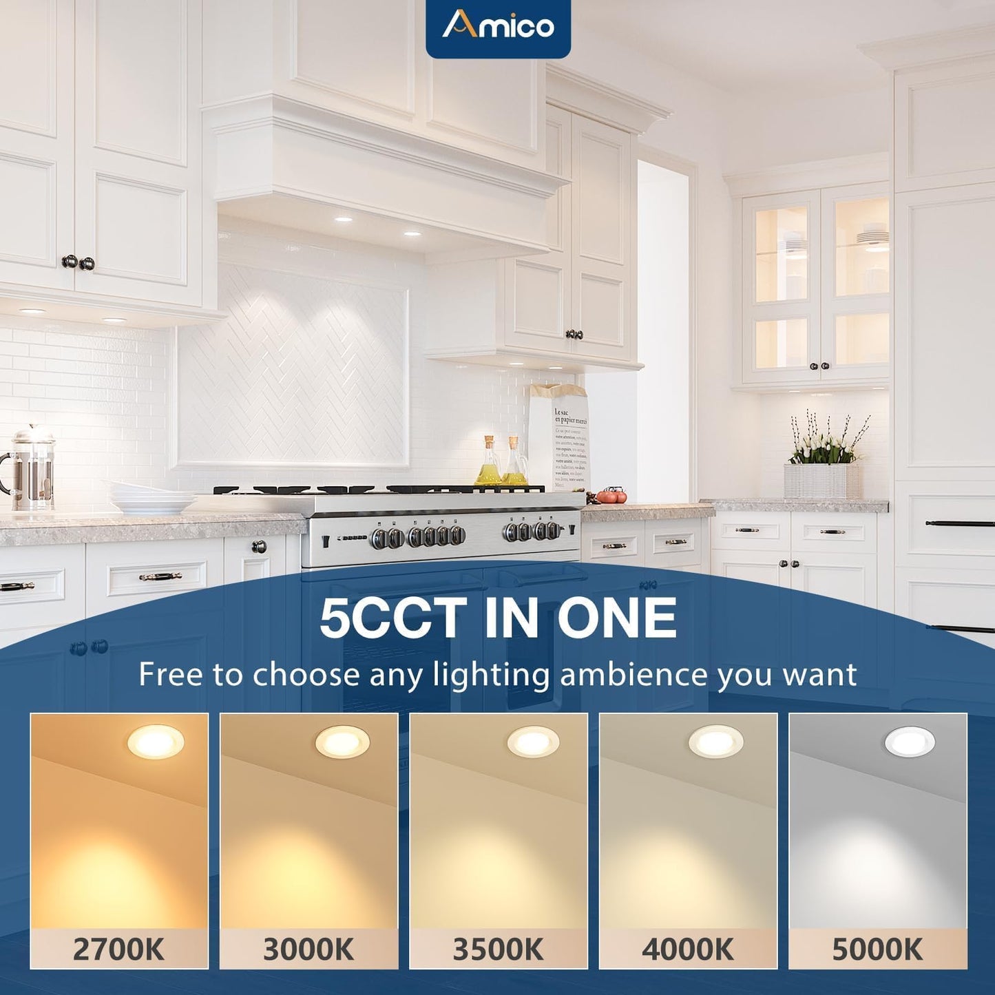 Amico 6 Pack 2 Inch 5CCT Ultra-Thin LED Canless Recessed Ceiling Light with Junction Box, 2700K/3000K/3500K/4000K/5000K Selectable, CRI90+, 6W=40W, 350LM, Dimmable Canless Wafer Downlight-ETL&FCC