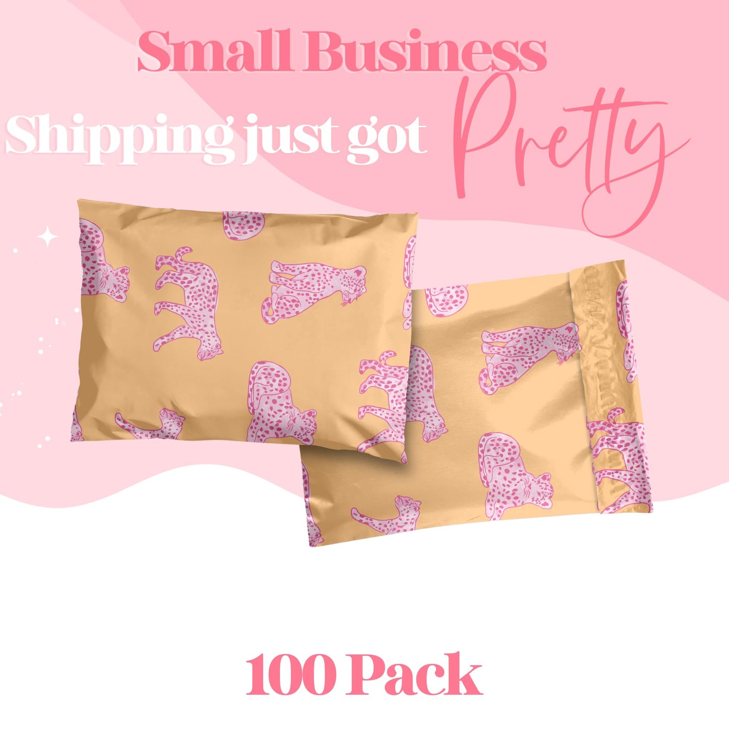 Pretty Package Store 14.5x19 Designer Poly Mailer 100 Pack Heavy Duty Waterproof Self Seal Shipping Bags for Small Business Large Mailing Envelopes Bulk Tear Resistant Packaging Pink Orange Leopard