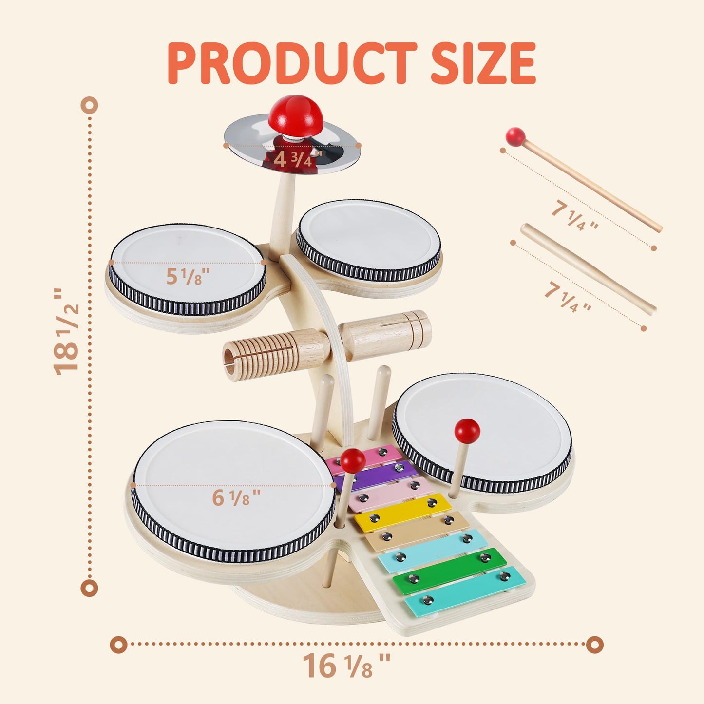 iPlay, iLearn Toddler Wooden Drum Set, Kids Musical Instruments Toy, 8 in 1 Percussion Drum Kit W/Xylophone Cymbal, Baby Montessori Learning Birthday Gifts for 18 Month, 2 3 4 5 6 Year Old Boy Girl