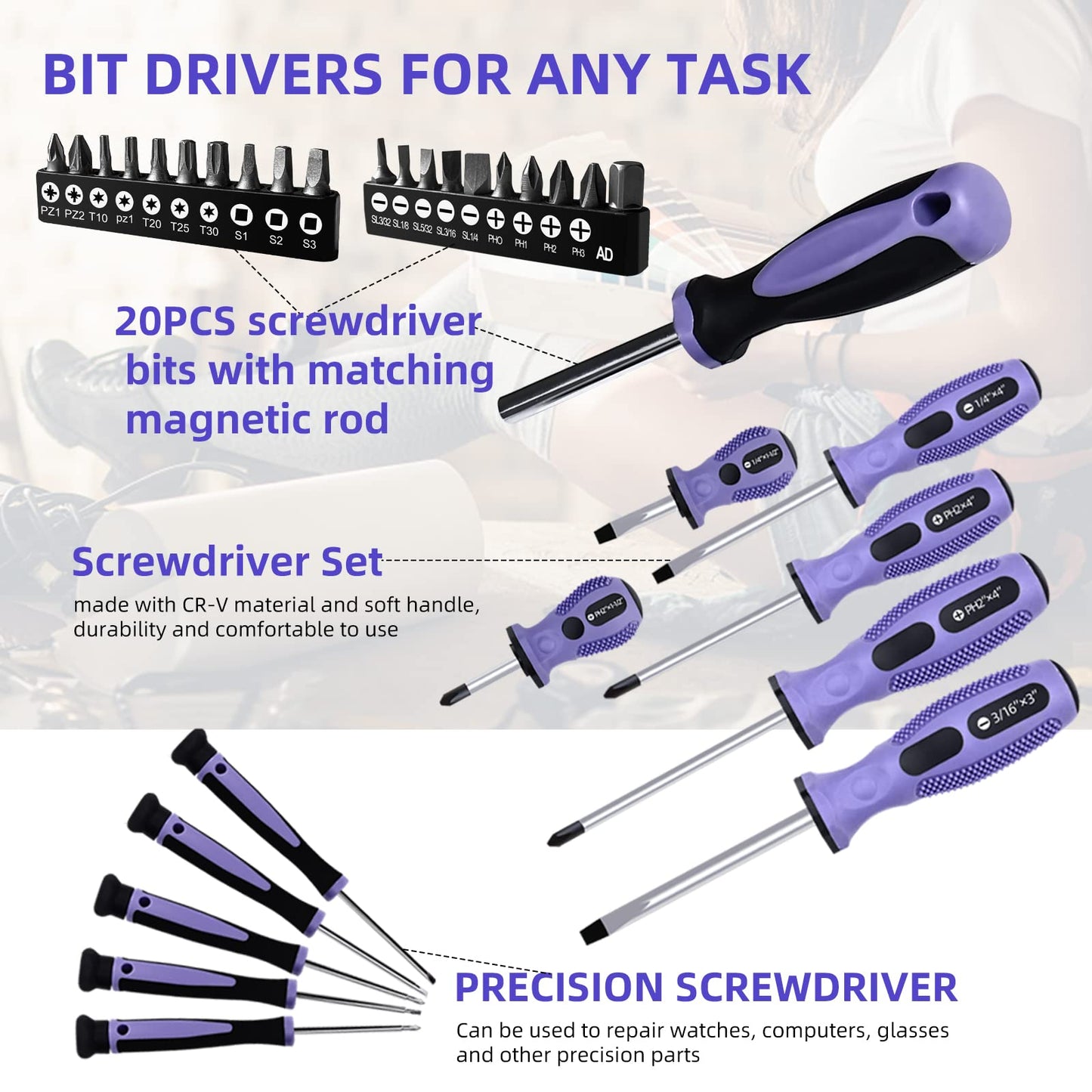 ACOSEA Purple Tool Set,223-Piece Tool Sets for Women,Tool Kit with 13-Inch Wide Mouth Open Purple Tool Bag,The Basic Tool Set is Perfect for Home Maintenance (PURPLE)