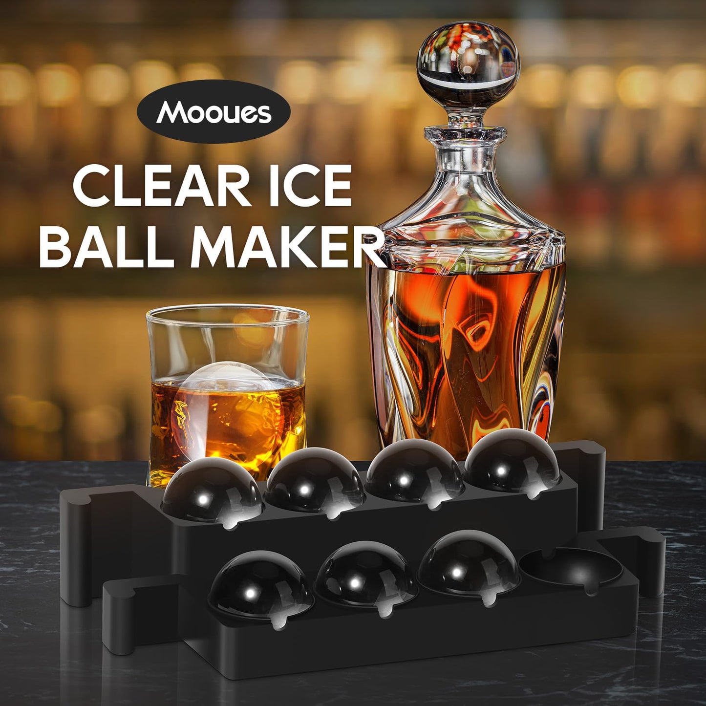 Mooues Clear Ice Cube Maker, 8 Large Whiskey Ice Cubes Mold, 2 Inch Silicone Ice Cube Tray, Easy-Release Sphere Ice Maker,Bourbon Gifts For Men Dad Boyfriend Boss Who Have Everything