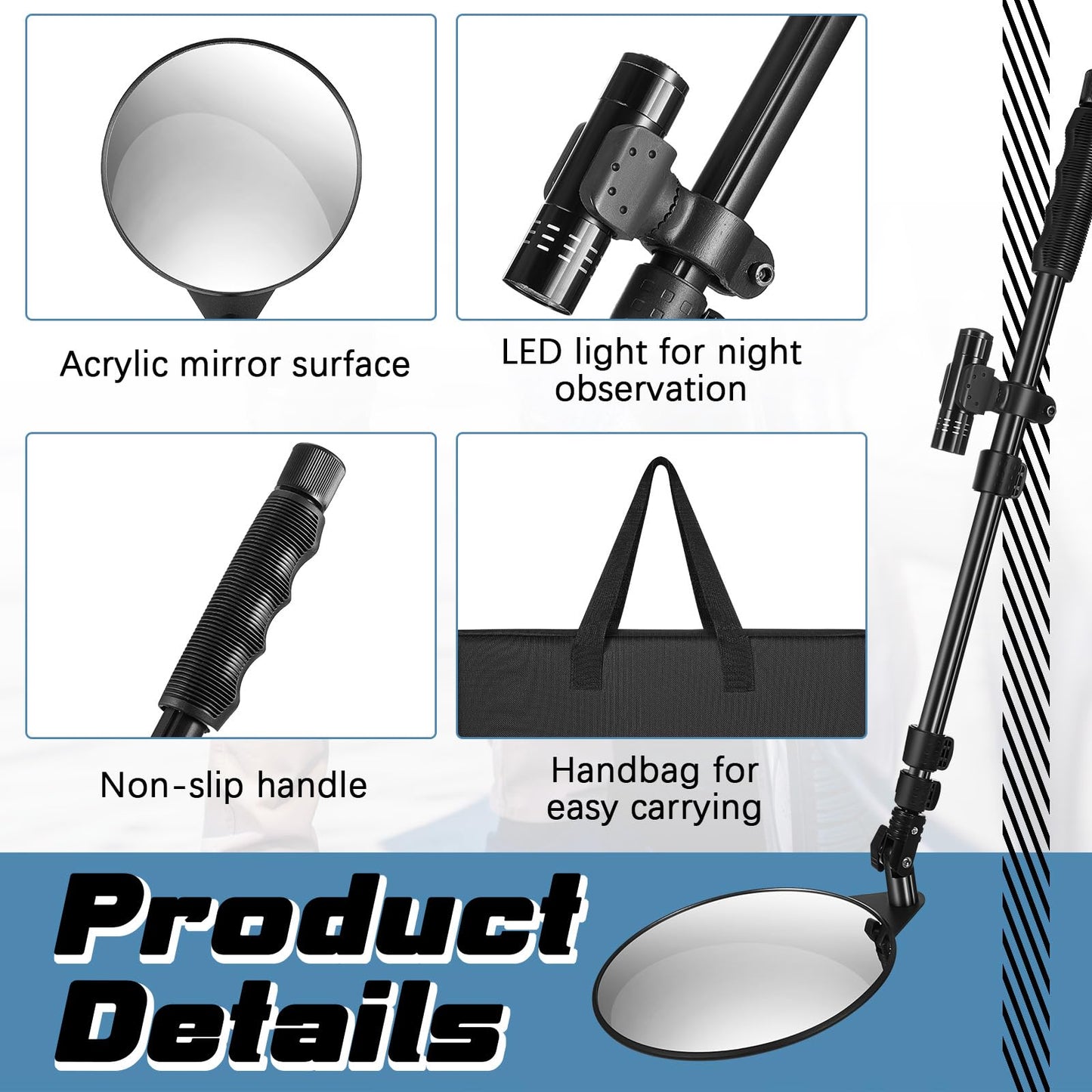Barydat 2 Pack Under Vehicle Inspection Mirror with Light and Telescoping Handle 8 Inch Diameter Security Angle Adjustment Handheld Inspection Mirror for Under Car Truck Equipment Over Shelf