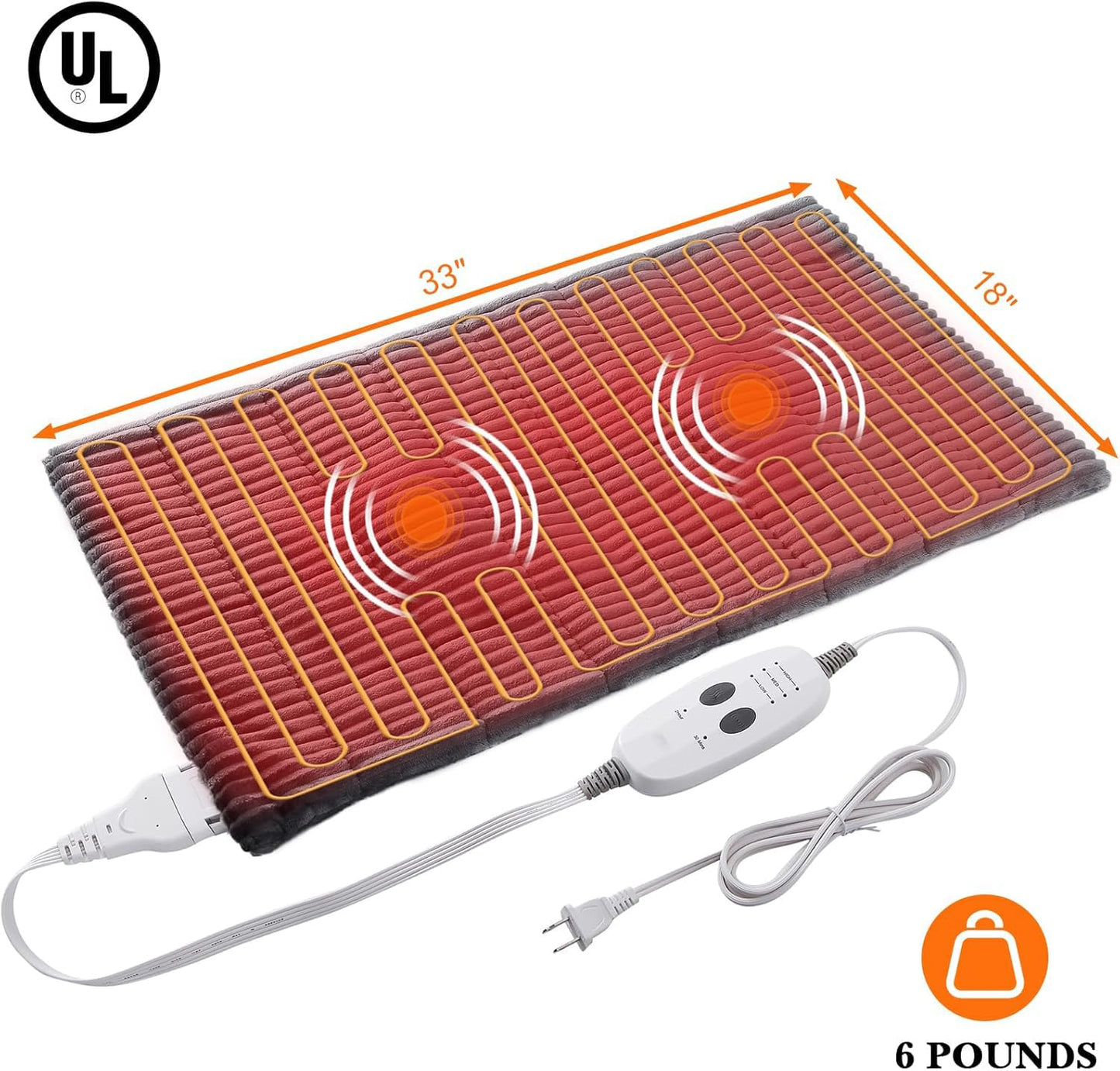 Massaging Weighted Heating Pads for Back Pain Relief and Cramps, 33''*18'' Ribs Fannel Electric Heating Pad with Massage Vibrations, 6 Settings- 3 Heat, 3 Massage- 9 Relaxing Combinations