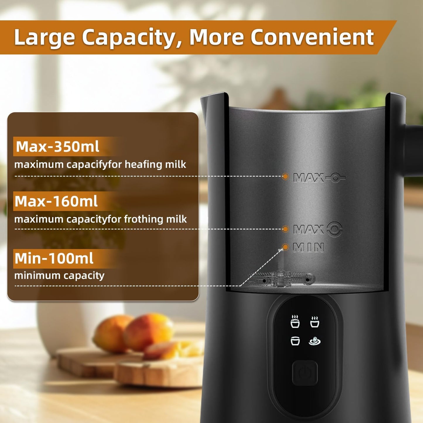 MUMAO Milk Frother, 4-in-1 Electric Milk Steamer, 350ml/11.8oz Automatic Frother for Coffee, Warm and Cold Foam Maker for Latte, Cappuccino and Hot Chocolate (Black)