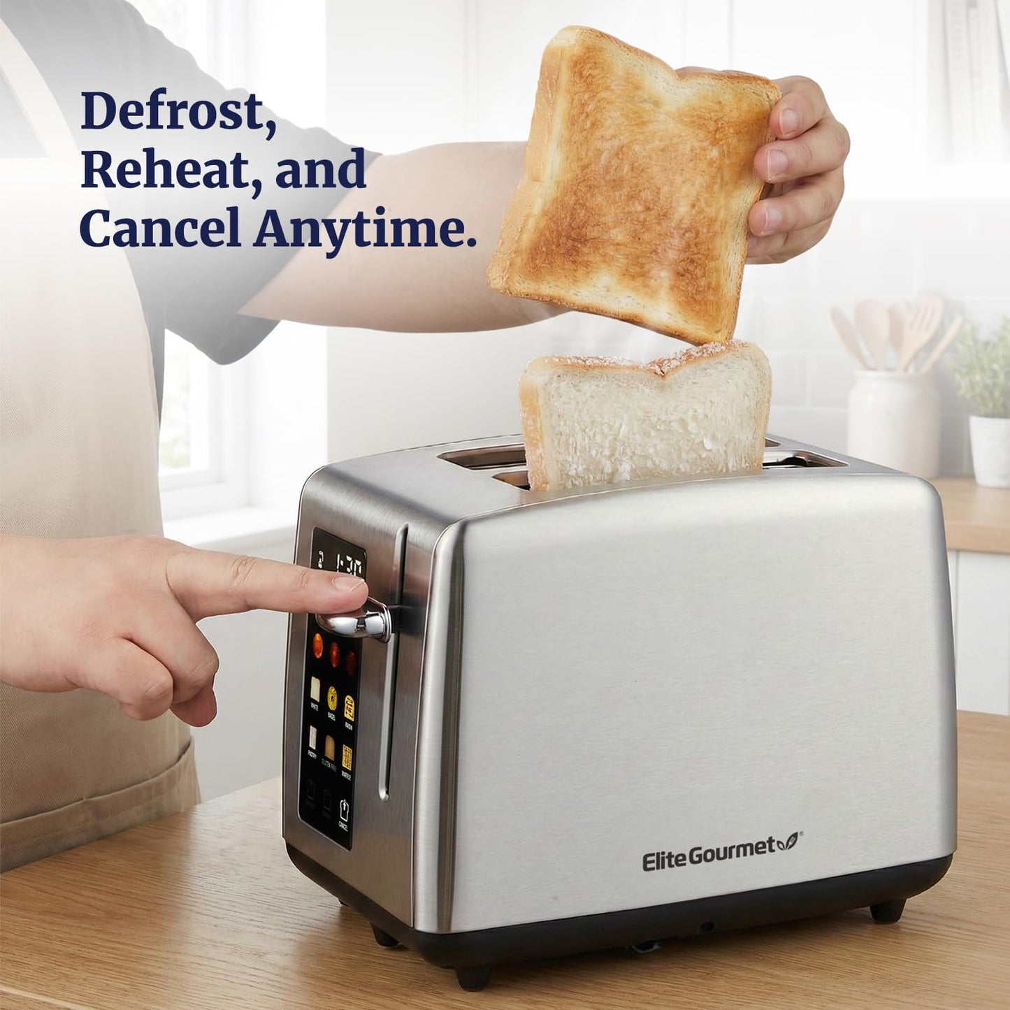 Elite Gourmet 2-Slice Toaster with Digital Countdown, Extra-Wide Slots for Bagels & Thick Bread, One-Touch Presets, Stainless Steel, Defrost/Reheat/Cancel