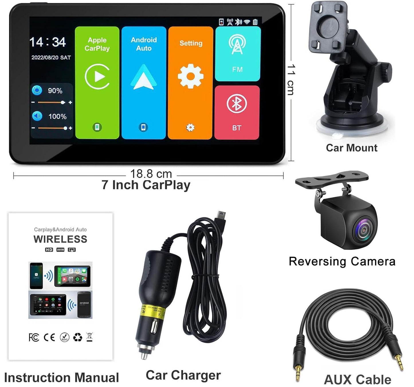 Wireless Apple Carplay Screen for Car, 7" HD Touch Screen Portable Car Stereo for Carplay & Android Auto ，with Backup Camera,Mirror Link, GPS Navigation, Siri, AirPlay, AUX, FM, Voice Control