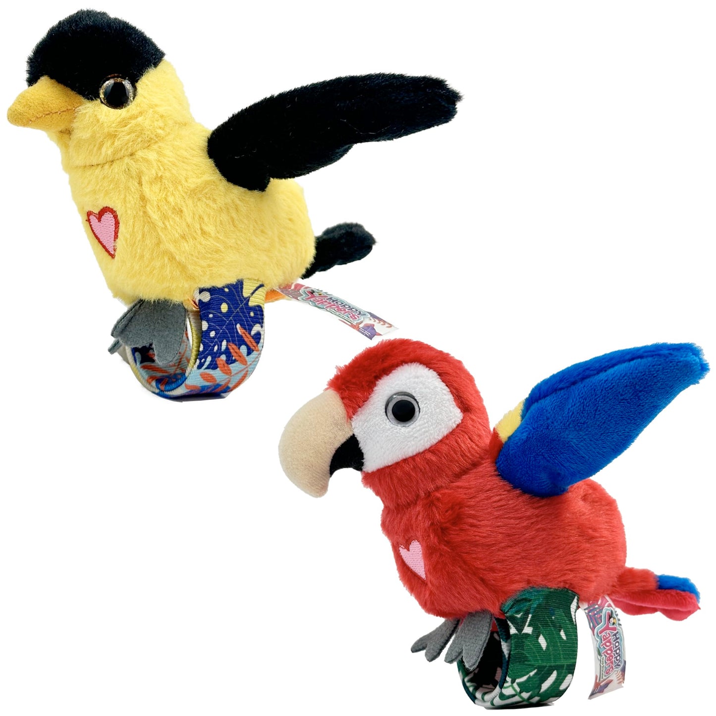 Happy Yappers: Birds 2 Pack - Oriole & Red Parrot - Slap Bracelet Interactive Plush Toy Birds, They Chat-Sing-Mimic Each Other, Flap Wings, Kids 3+