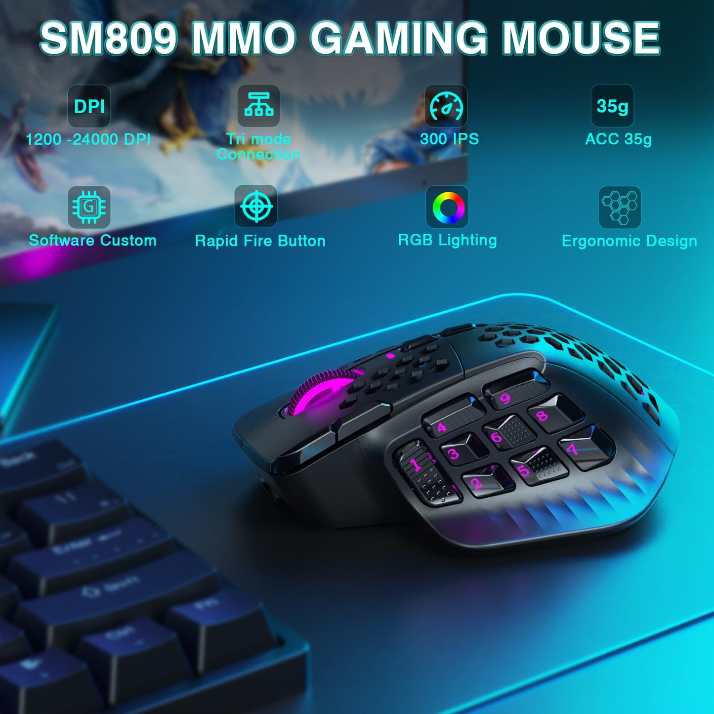 SOLAKAKA SM809 Pro Wireless MMO Gaming Mouse with 9 Side Buttons,24000 DPI,Triple Connectivity (2.4G/BT/Wired) RGB MMO Mouse for Gamer,16 Programmable Macros,Up to 350H Battery Life,Black