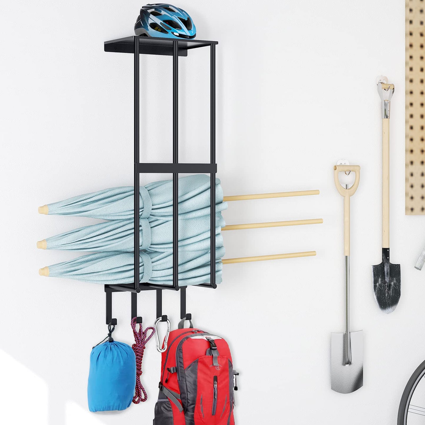 Camping Chair Wall Storage for Garage - Metal Rack Holder, Floating Shelf, 4 Hooks, Stainless Steel - Beach Chair and Umbrella Organizer, Black