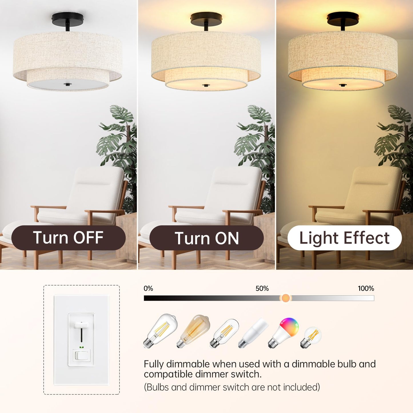 Outiron 16" Semi Flush Mount Ceiling Light, 3-Light Drum Ceiling Light Fixture with 2-Tier Fabric Linen Shade, Farmhouse Chandelier for Dining Room, Living Room, Bedroom, Kitchen, Hallway, Entryway