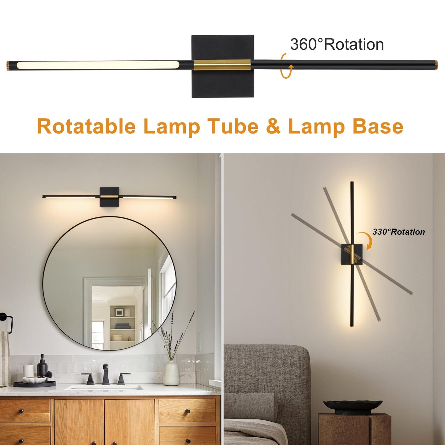 LED Wireless Wall Sconces Set of Two Dimmable Battery Powered Wall Sconce with Remote Control 360°Rotate Black Gold Cordless USB Rechargeable Wall Light for Living Room Bedroom Hallway 32 Inch 2 Pack