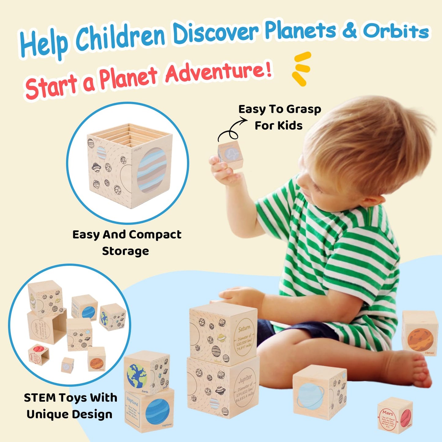 Eight Planets Wooden Blocks for Kids Ages 3+ Montessori Cube Boxes Sorting and Stacking, Preschool Educational Toys Set for Boys and Girls, Solar System