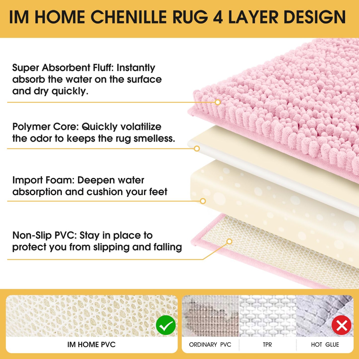 ACCUMTEK Upgrade Extra Large Pink Bathroom Rug Set 3 Pieces Ultra Soft, Thick Absorbent Bath Mats, Non Slip Chenille Toilet Mat for Bathroom, Bedroom, Kitchen