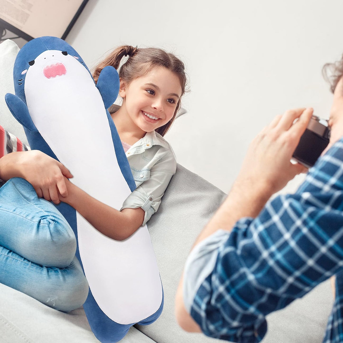 Sprinqdawin Large Shark Plush,33.5" Cute Plushies Long Shark Stuffed Animal,Shark Plush Toys,Cuddly Sleeping Hugging Pillow, Soft Giant Body Pillow,Shark Plushy Gift for Kids Adults Birthday