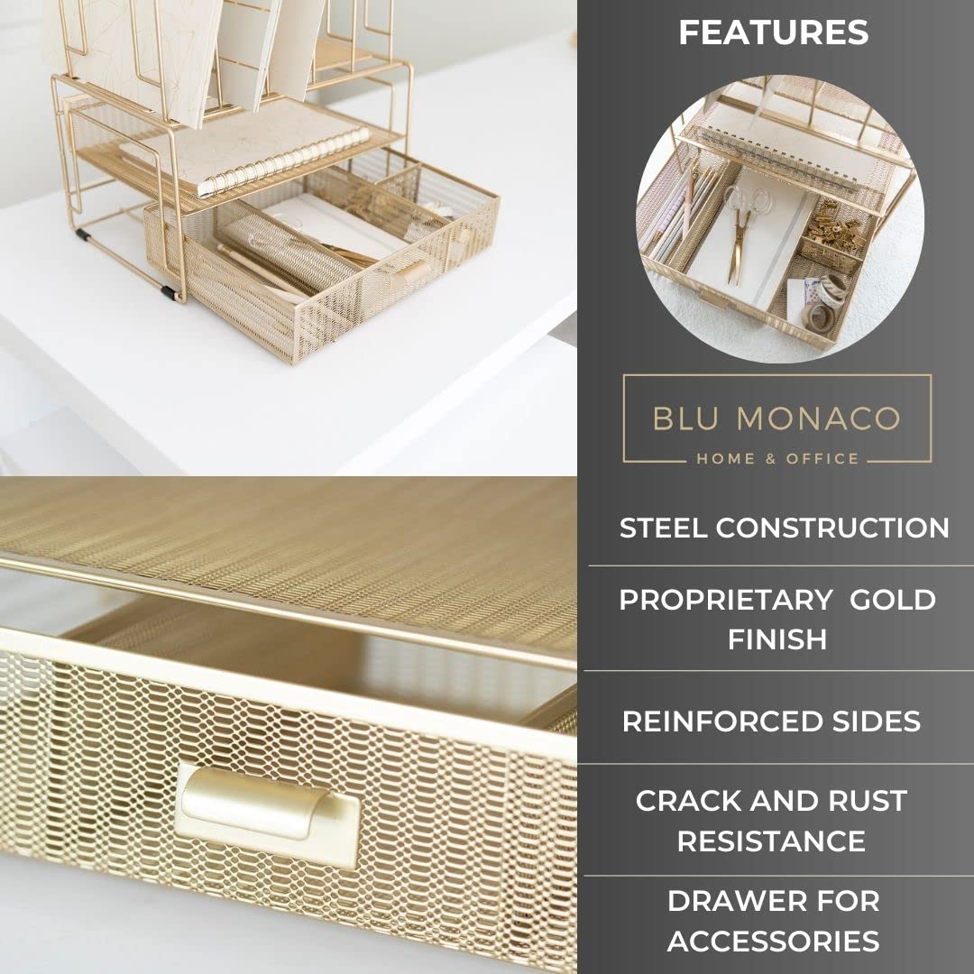 BLU MONACO Gold Workspace Desk Organizer and Accessories – Desktop Rack with File Sorters and Drawer for Office Supplies, Papers, Devices, and Folders