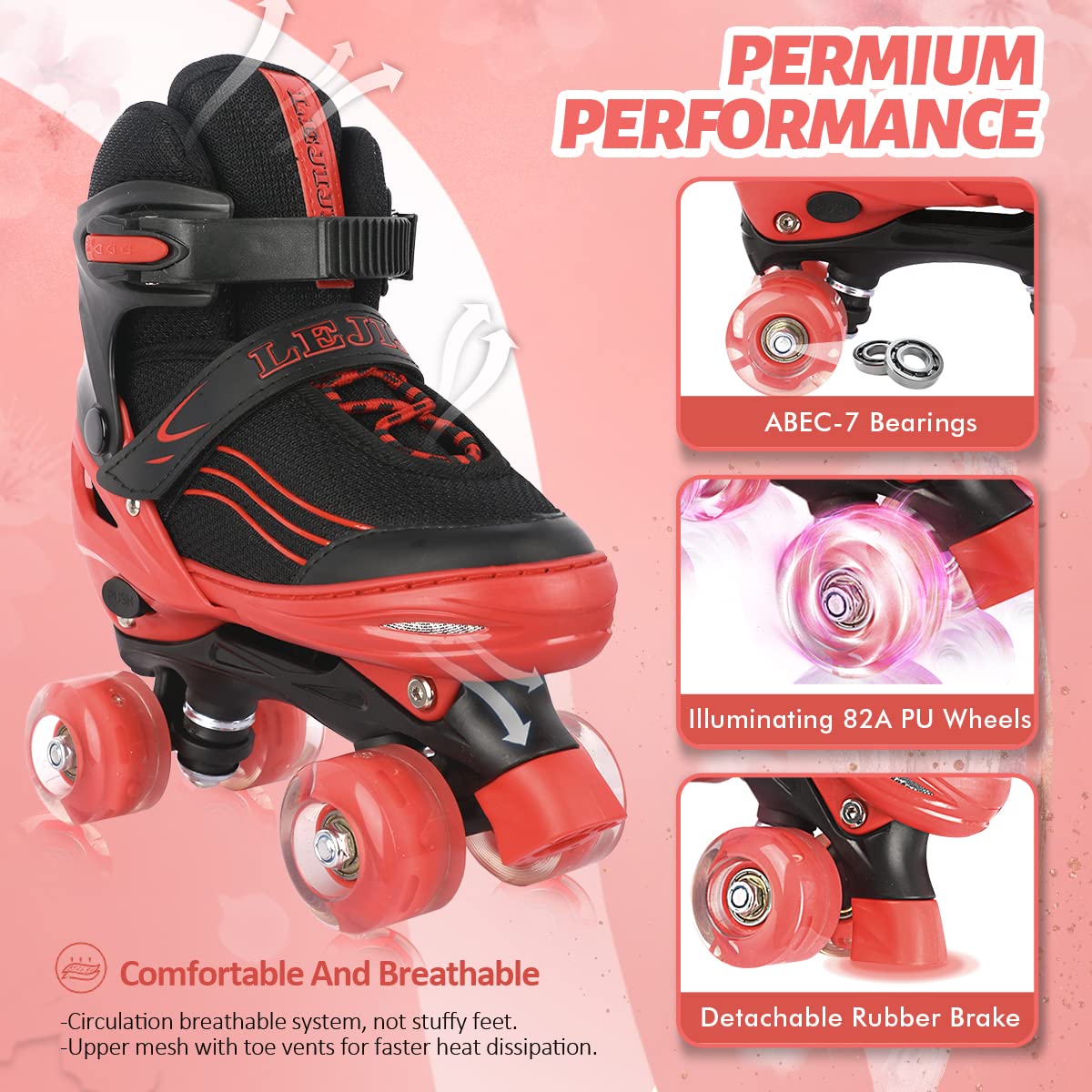 LEJIJIT Adjustable Roller Skates for Boys Girls Toddler Ages 3-12, 4 Sizes for Kids and Youth Adult with Light Up Wheels, Black Red Roller Skates for Sports. (Toddler 7C-10C)