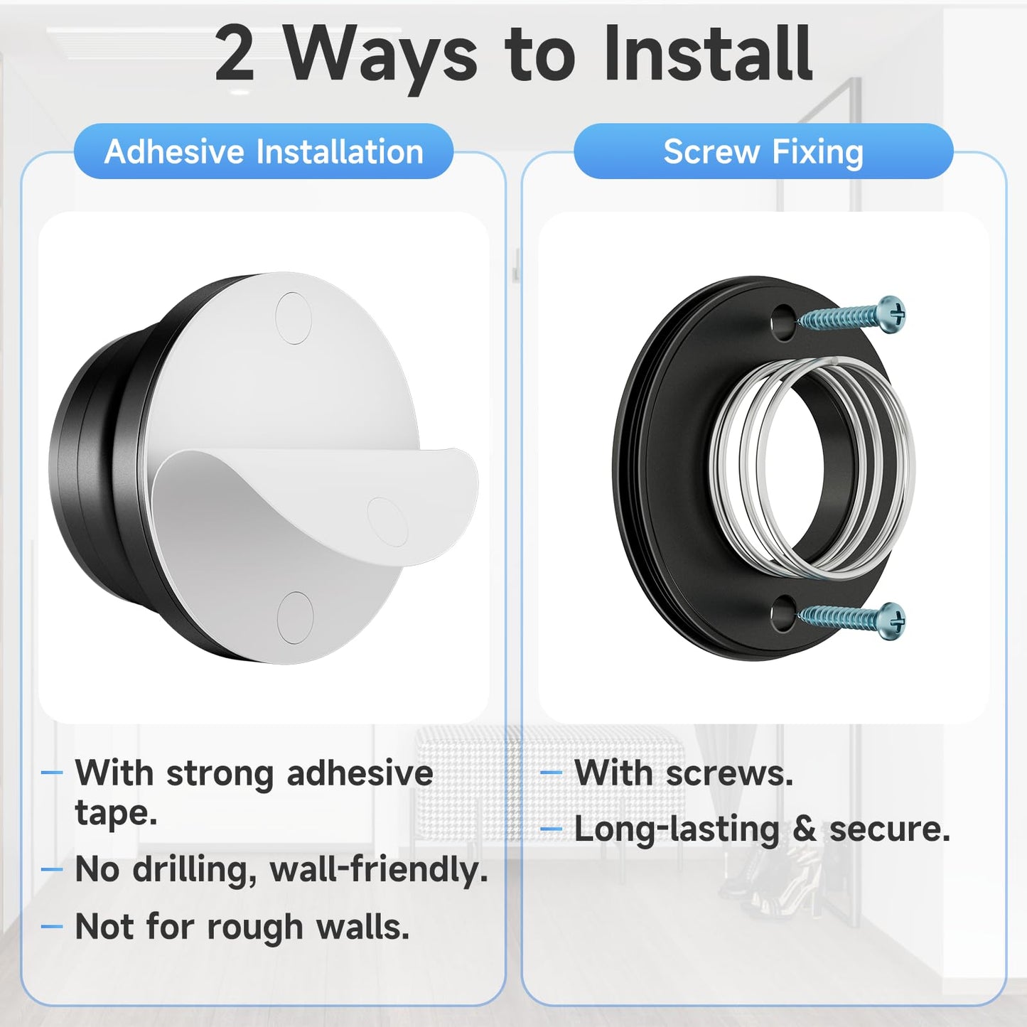 4PC Door Stoppers for Wall, 1.65 x 0.9 Inch Door Knob Wall Protector with Silicone & Aluminum Alloy, Adhesive & Screw Mounting Door Bumper for Home & Office Walls, Black