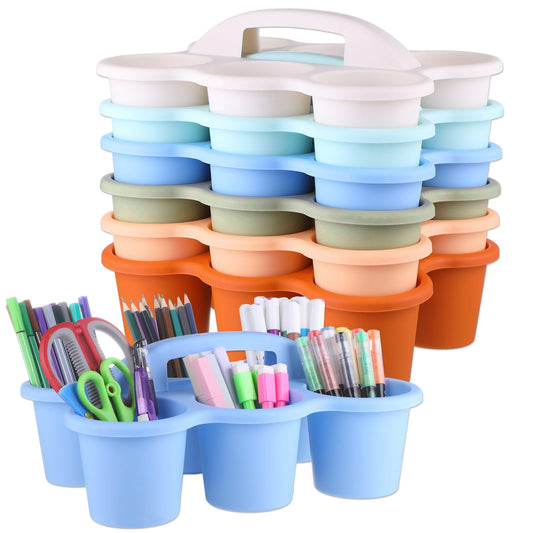 6 Pack Classroom Caddy Organizer with Handle Morandi Plastic Table Caddy Drink Cup Caddies Holder 12×9×3.5 Inches Storage School Supplies 6 Compartments for Table Crayon Pencil Cup Marker Craft