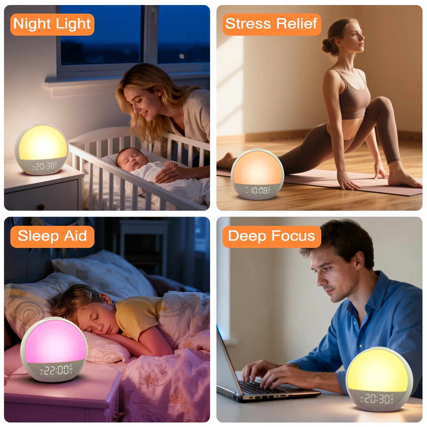 Sunrise Alarm Clock, White Noise Sound Machine with 30 Soothing Sounds, Dimmable Night Light, Natural Sunlight Lamp Gentle Wake Up Light for Bedrooms, Kids, Heavy Sleepers Adults, Baby, Ideal for Gift