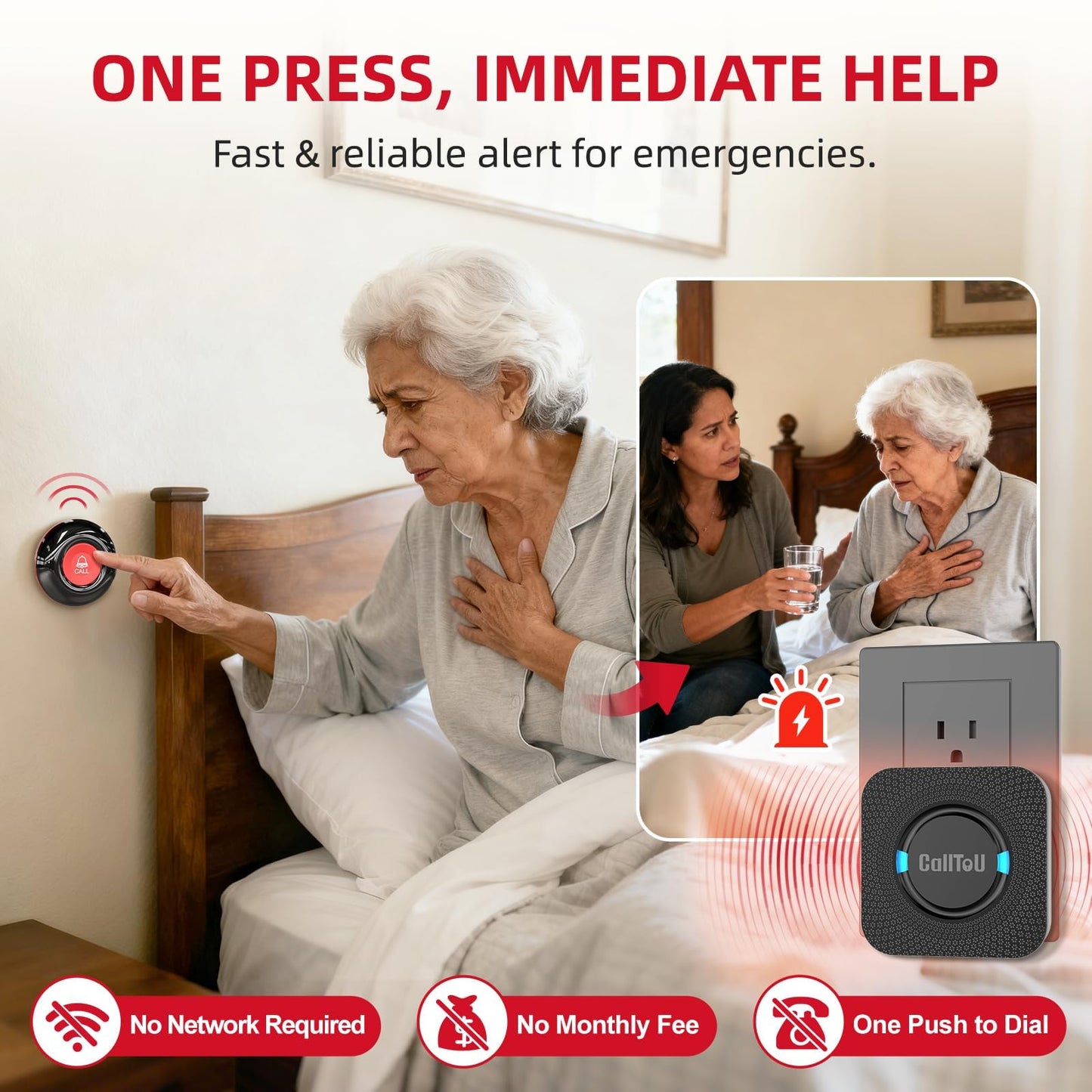 CallToU Caregiver Pager Wireless Call Button for Elderly at Home, 500+ ft Open Area Long Range Through Walls, 3 Plug-in Receivers and 2 Waterproof SOS Buttons, Home Nurse Call System