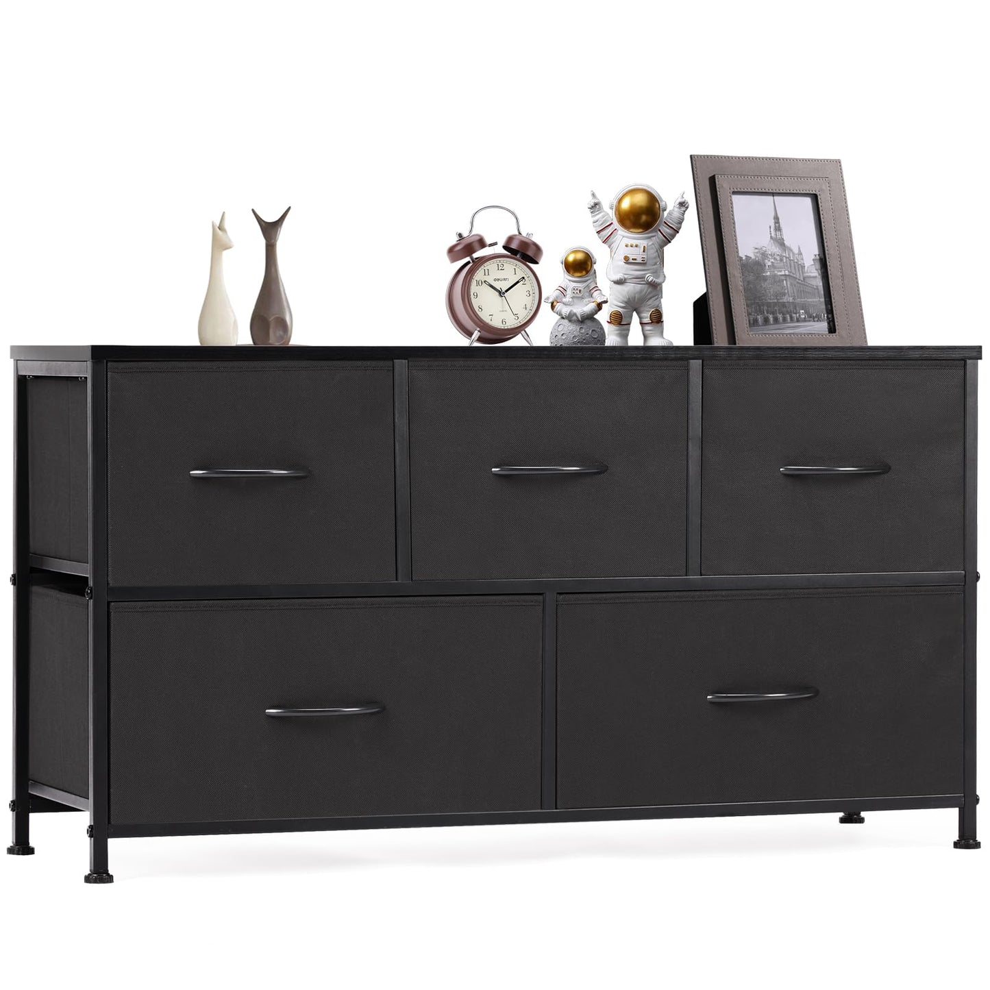 OLIXIS 5 Drawers Dresser Fabric Storage Tower Bedroom Living Room entryway Steel Frame Wooden top Easy Pull Bins Compact Organizer for Clothes Essentials Durable Home Storage Solution