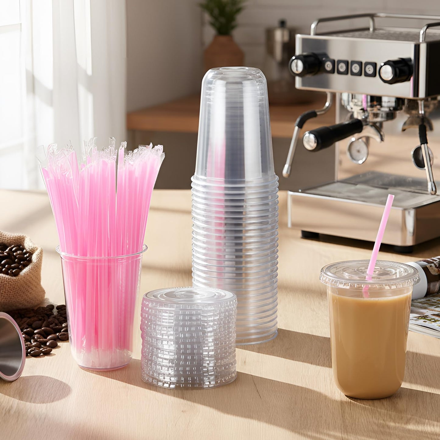 Ziliny 100 Pack 16 oz Clear Plastic Cups with Lids and Straws Disposable Iced Coffee Cups Round Bottom To carry Cup for Coffee Smoothie Cold Drinks Juice Milkshake Tea (Pink)