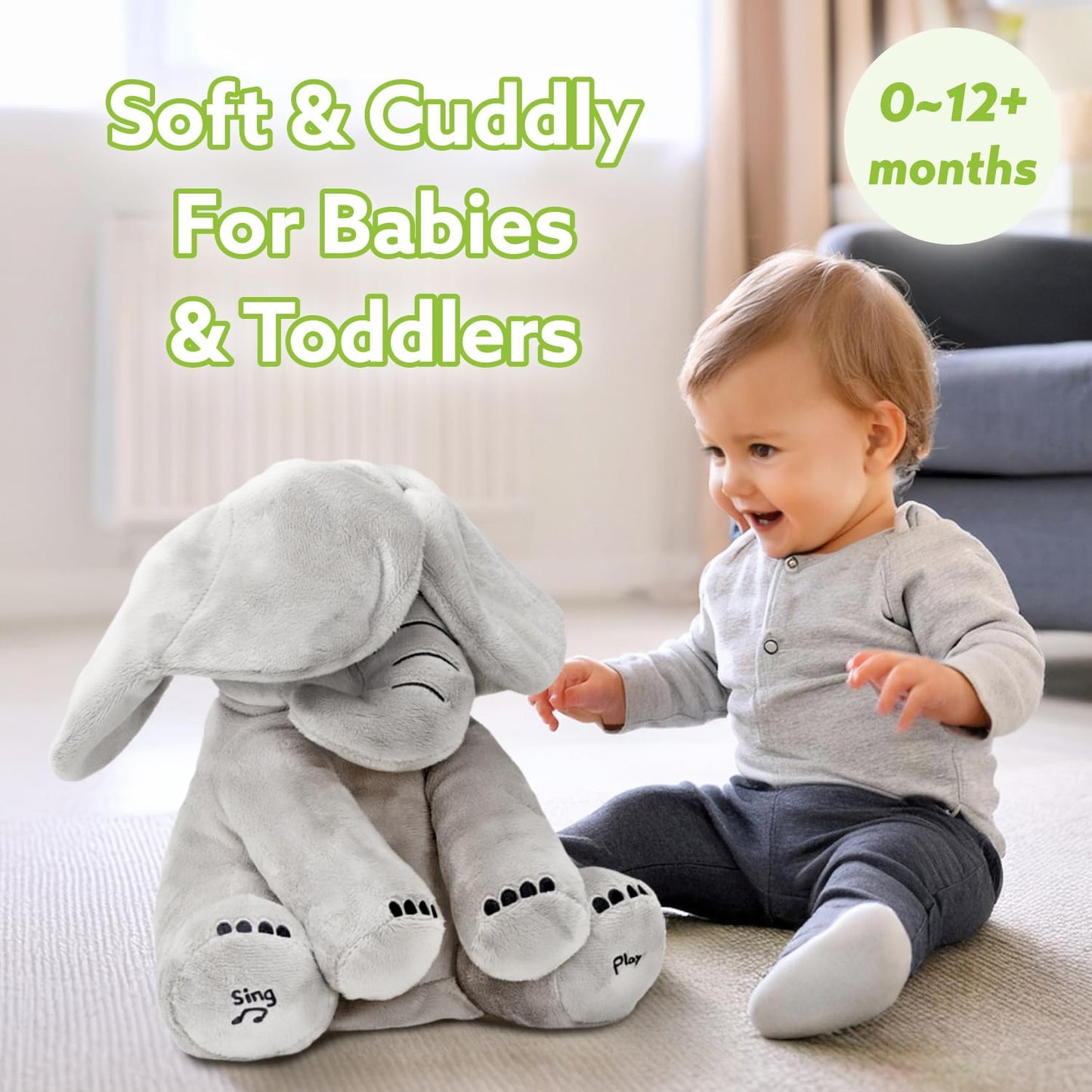 Tippi Peekaboo Elephant Toy - Interactive Singing Teddy with Fluttering Ears - For Newborn Baby Boys or Girls - Soft Toy Peekaboo Elephant for Babies 0-12 Months