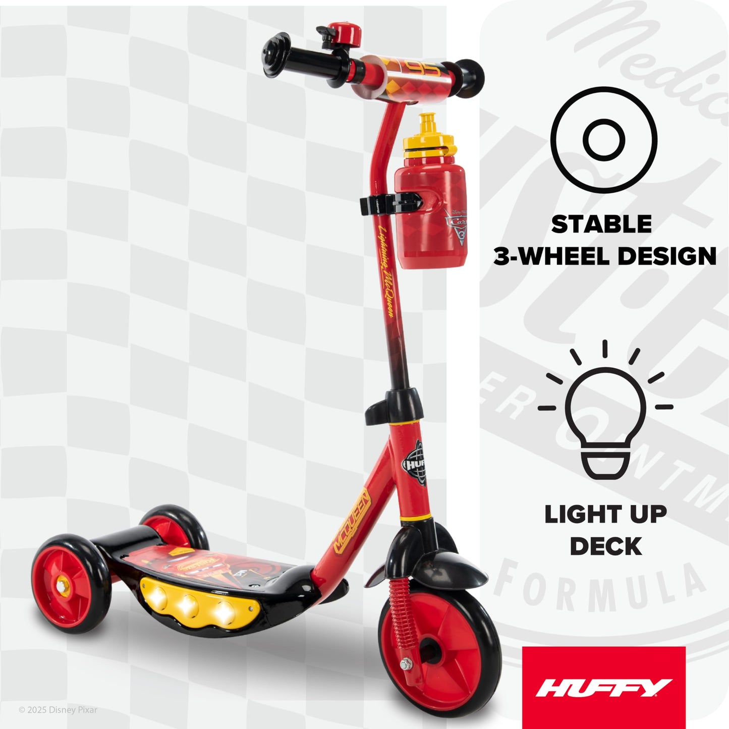 Huffy Disney Pixar Cars Preschool Scooter W/Lights, Bell & A Water Bottle
