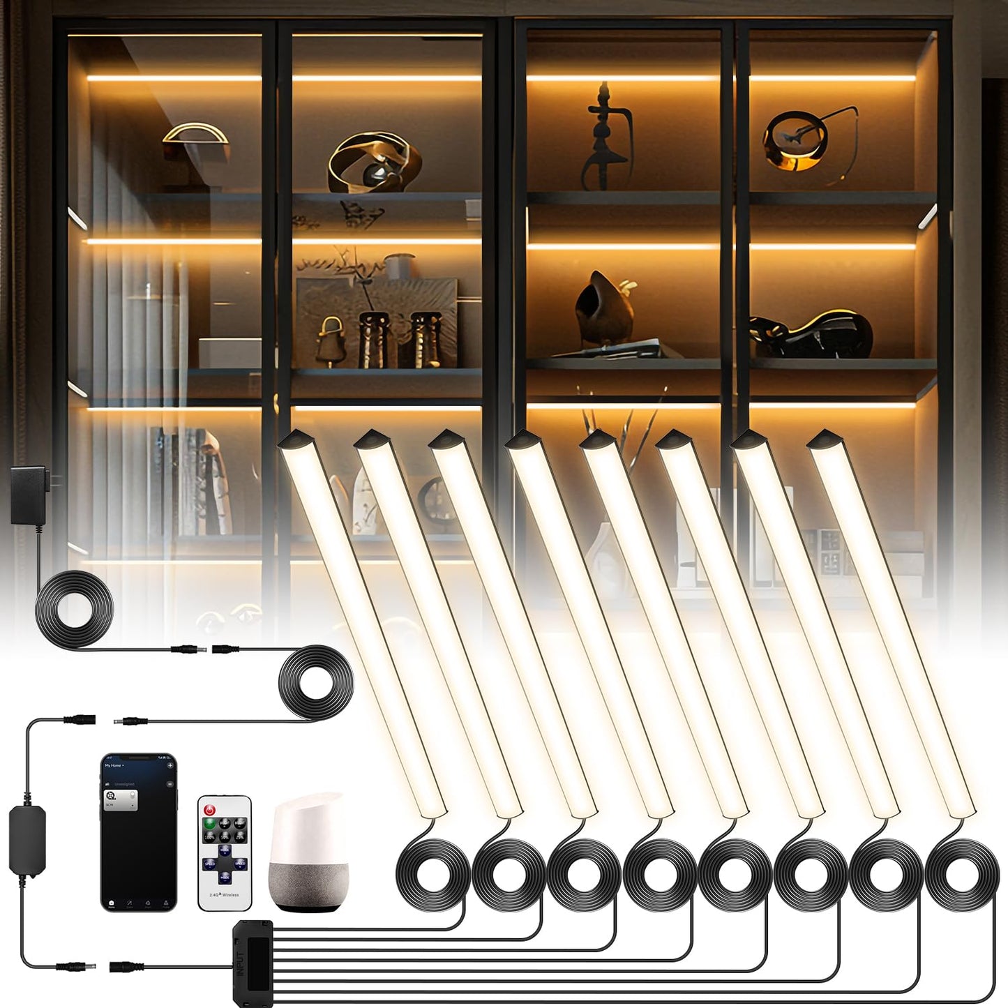 Lumtide Black Shelf Lights, LED Bookcase Lighting Compatible with Alexa, WiFi Dimmable 2700K Under Shelf Lighting for Bookshelf, Display Case, Cabinets with App, Remote, Memory Function (8Pack 12In)