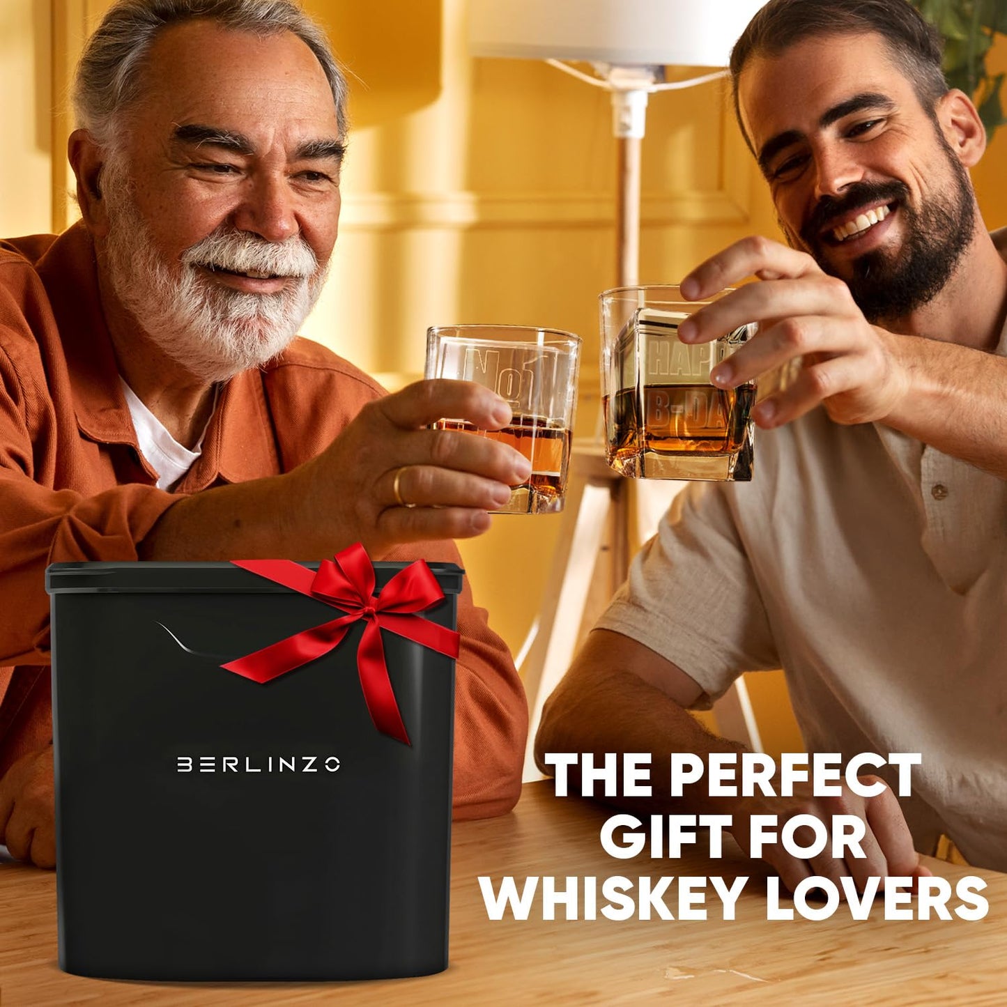 Berlinzo Premium Clear Ice Cube Maker Mold with Conversation Ice Prints – Best Gift for Dad & Whiskey Lover – 8 Large 2.1" Crystal Transparent Ice Squares – Includes Storage Bag (Non-Electric)