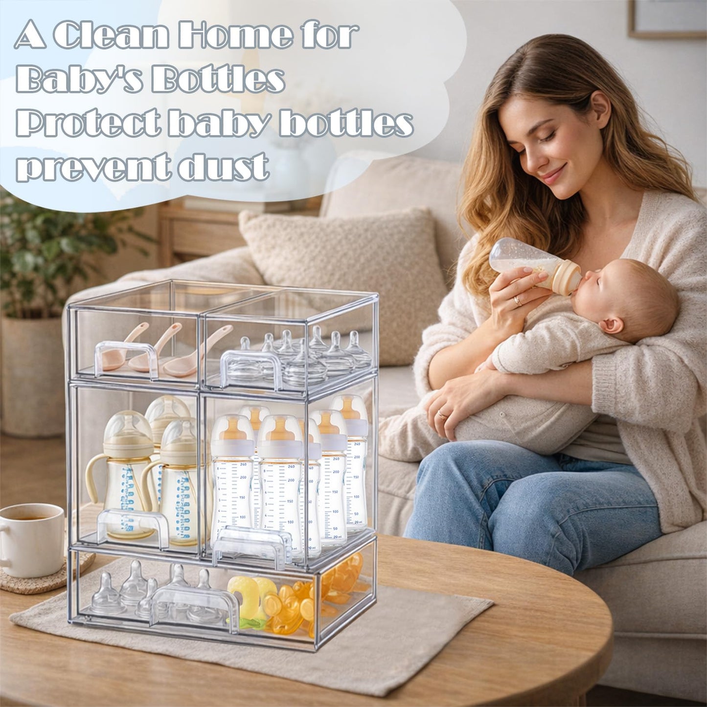 zebrater Baby Bottle Organizer-5 Pack Stackable Storage Drawers, Baby Organizers and Storage with Hooks, Clear Acrylic Multipurpose Bottle Storage for Countertop,Kitchen,Cabinet,Vanity,Bathroom