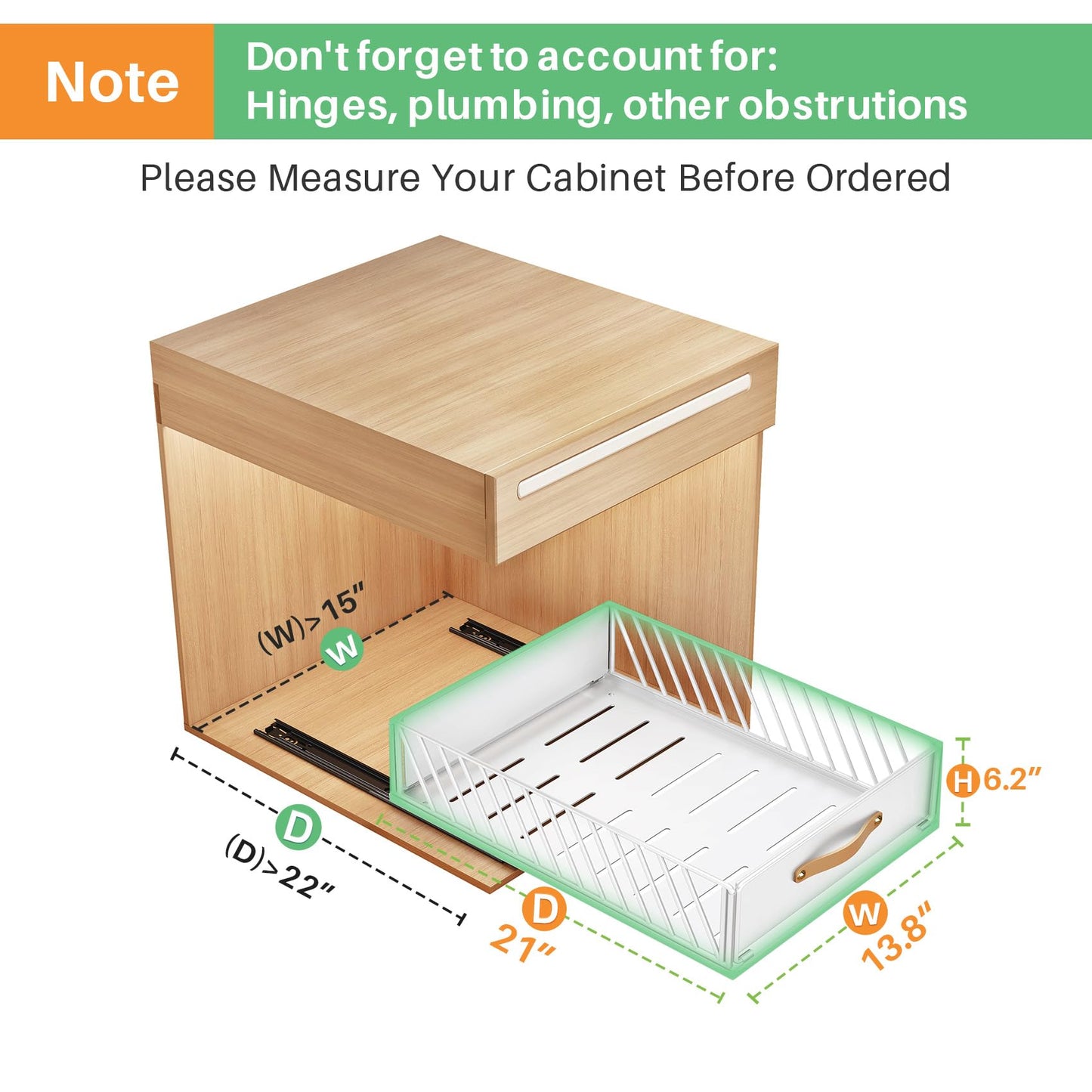 Pull out Cabinet Organizer Fixed with Adhesive Nano Film,Heavy Duty Slide out Pantry Shelves Drawer Storage,Sliding Mesh Cabinet Basket with Handle for Kitchen, Bathroom,Home, 13.8"W X 21"D X6.2"H