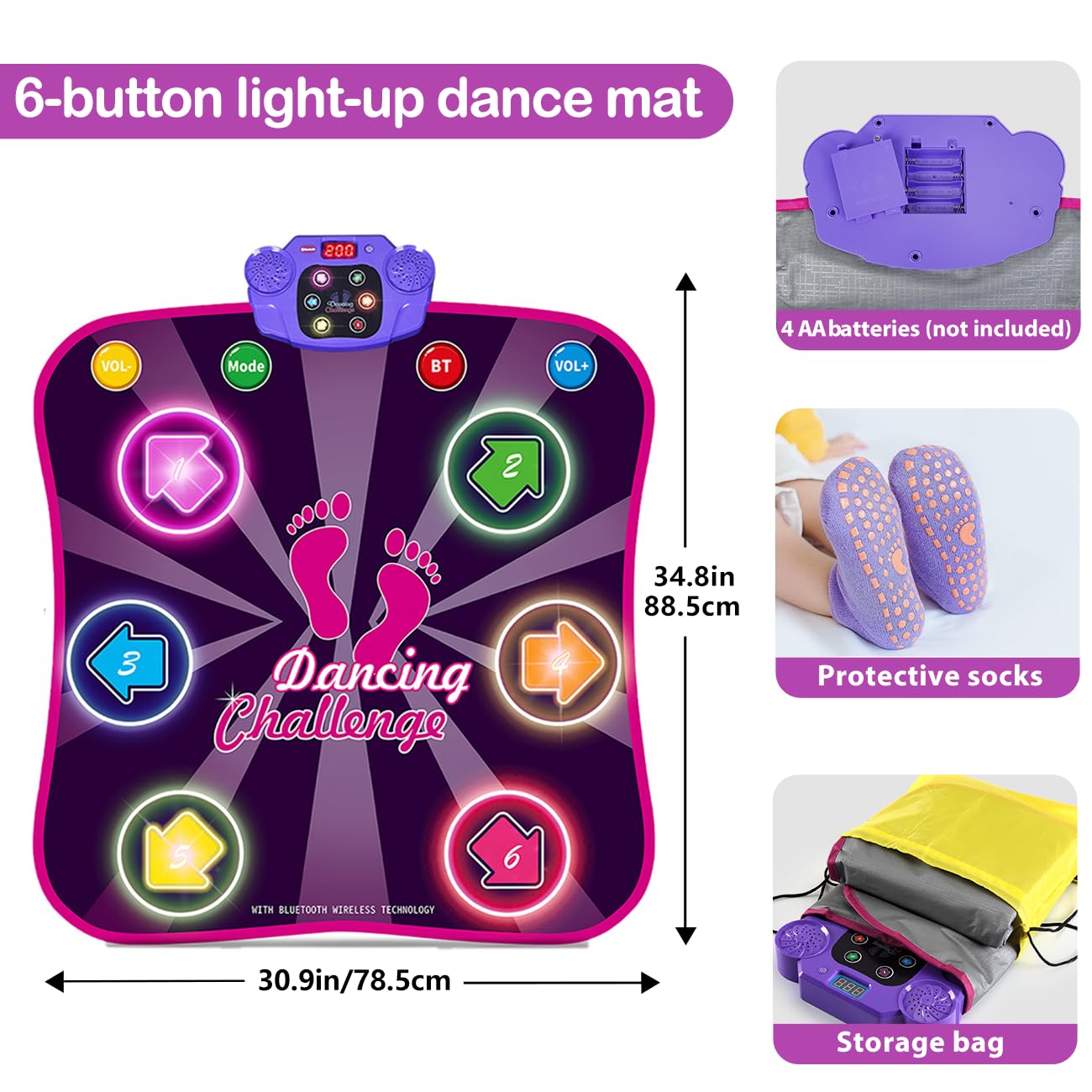 Kids Dance Mat for Girls - Toys for 4 5 6 7 8-10 Year Old Girl Birthday Gifts - Girl Toys for Ages 5-7 6-8 8-12 - Electronic Dance Pad with Light Up 6 Button - Wireless Bluetooth - 5 Game Modes