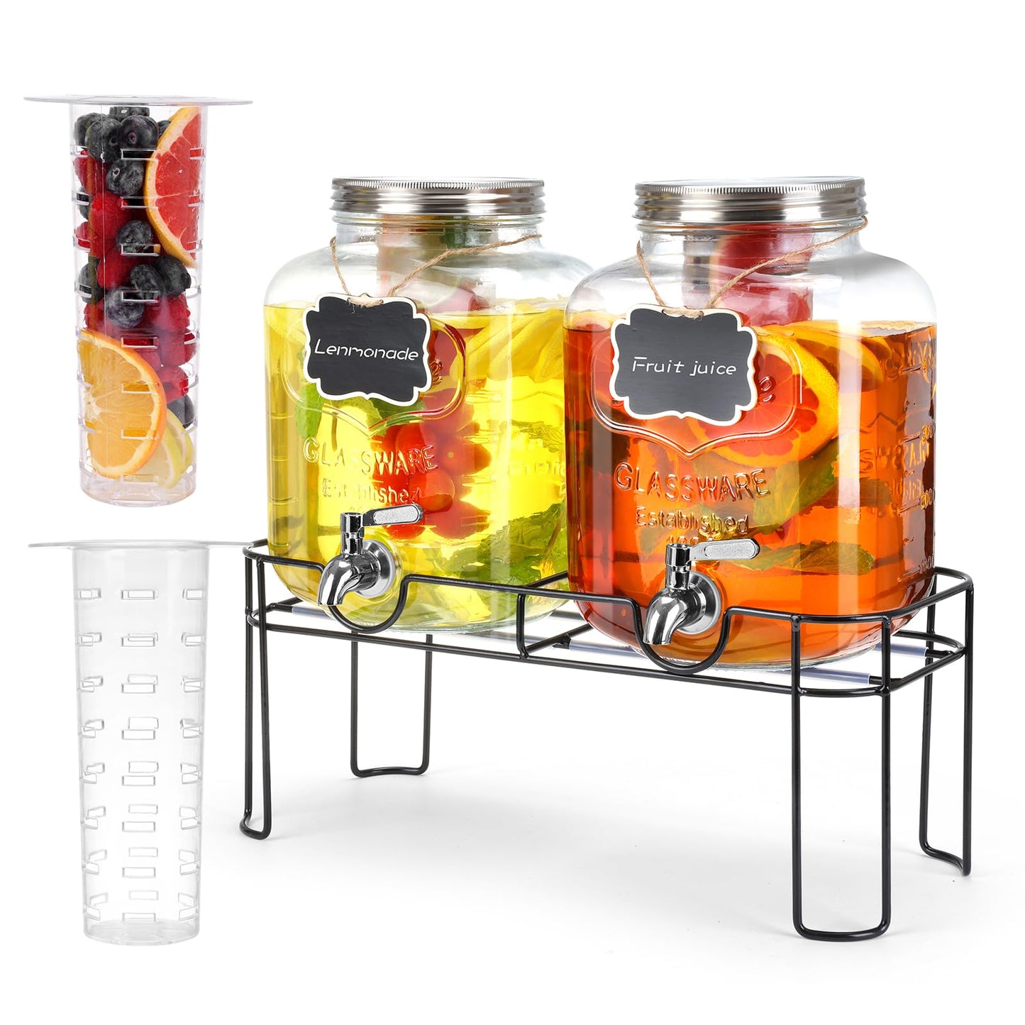 1.6 Gallon Glass Drink dispenser, 2 PCS Beverage Dispenser With Stand, Lemonade Dispenser with Stainless Steel Spigot,Drink Dispensers for Parties,Weddings, Picnic