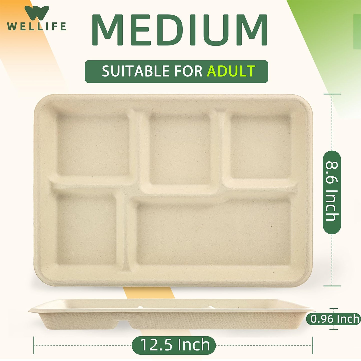 WELLIFE 100% Compostable 5 Compartment Paper Plates, 100 Pack Disposable School Lunch Trays Divided Plates for Adult Youth, 12.5 * 8.6 inch Heavy Duty Eco-Friendly Bagasse Plate for Buffet and Party