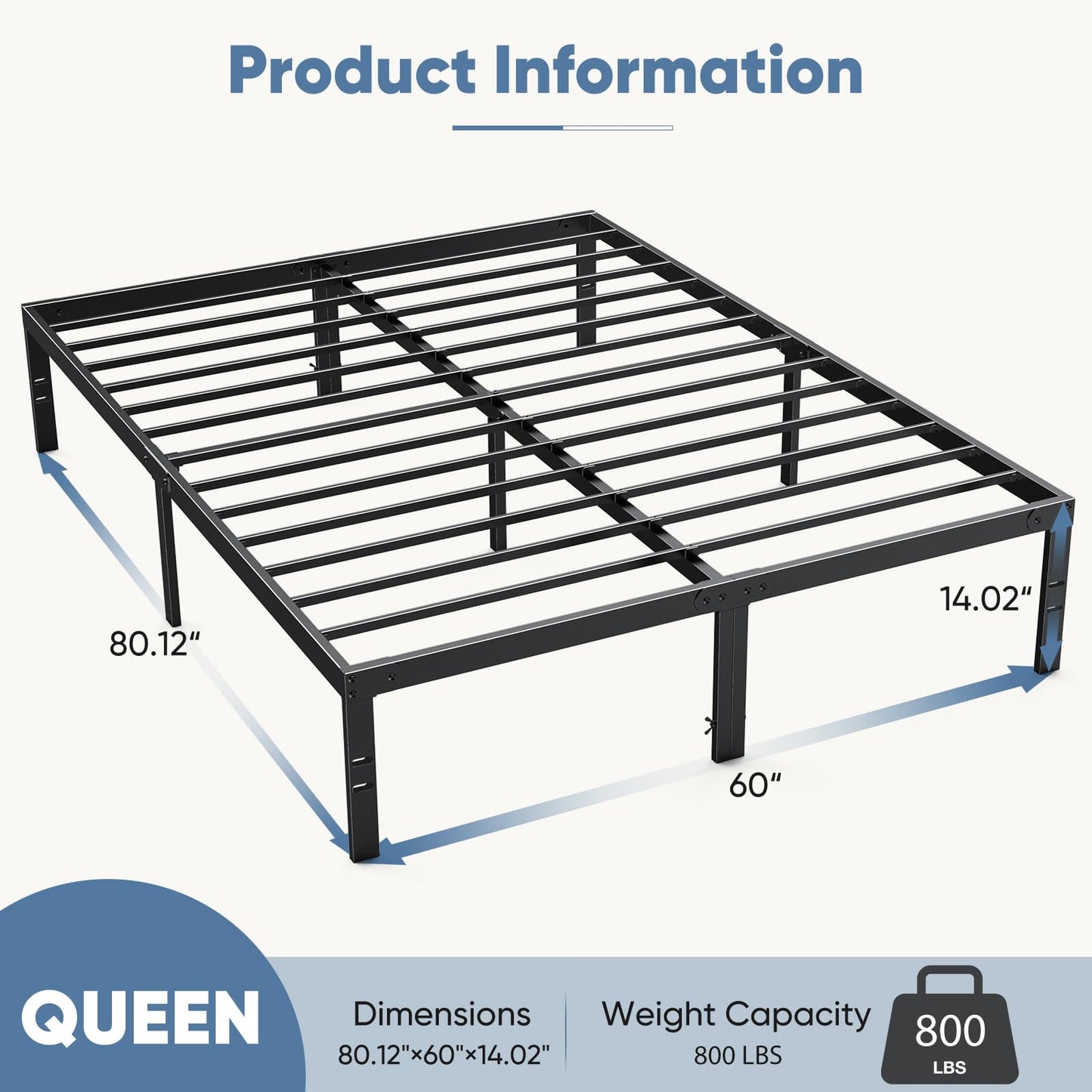 DUMOS Queen Size 14 Inch Bed Frame - Metal Platform Bed Frame Mattress Foundation with Steel Slat Support, No Box Spring Needed, Storage Space Under Base, Easy Assembly, Black