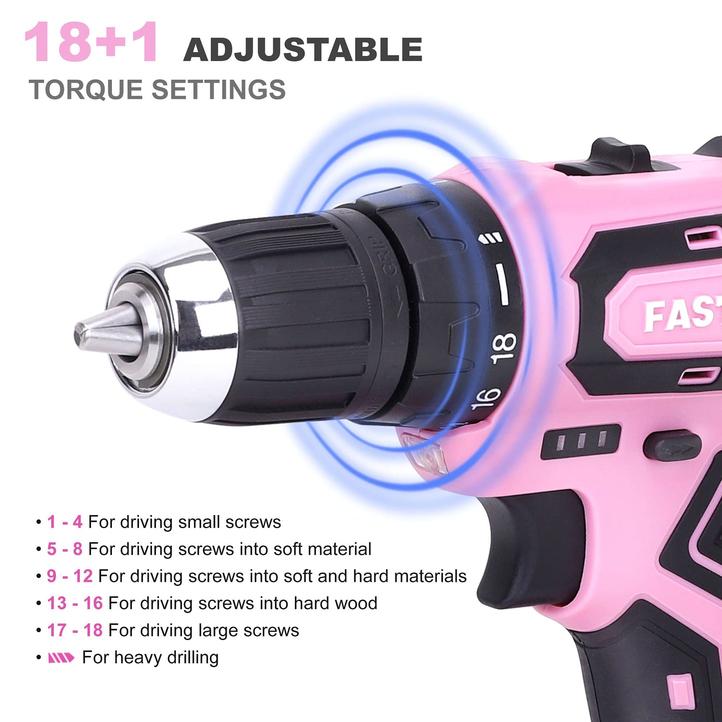 FASTPRO 177-Piece 20V Pink Cordless Lithium-ion Drill Driver and Home Tool Set, Lady's Home Repairing Tool Kit with Drill in Storage Case
